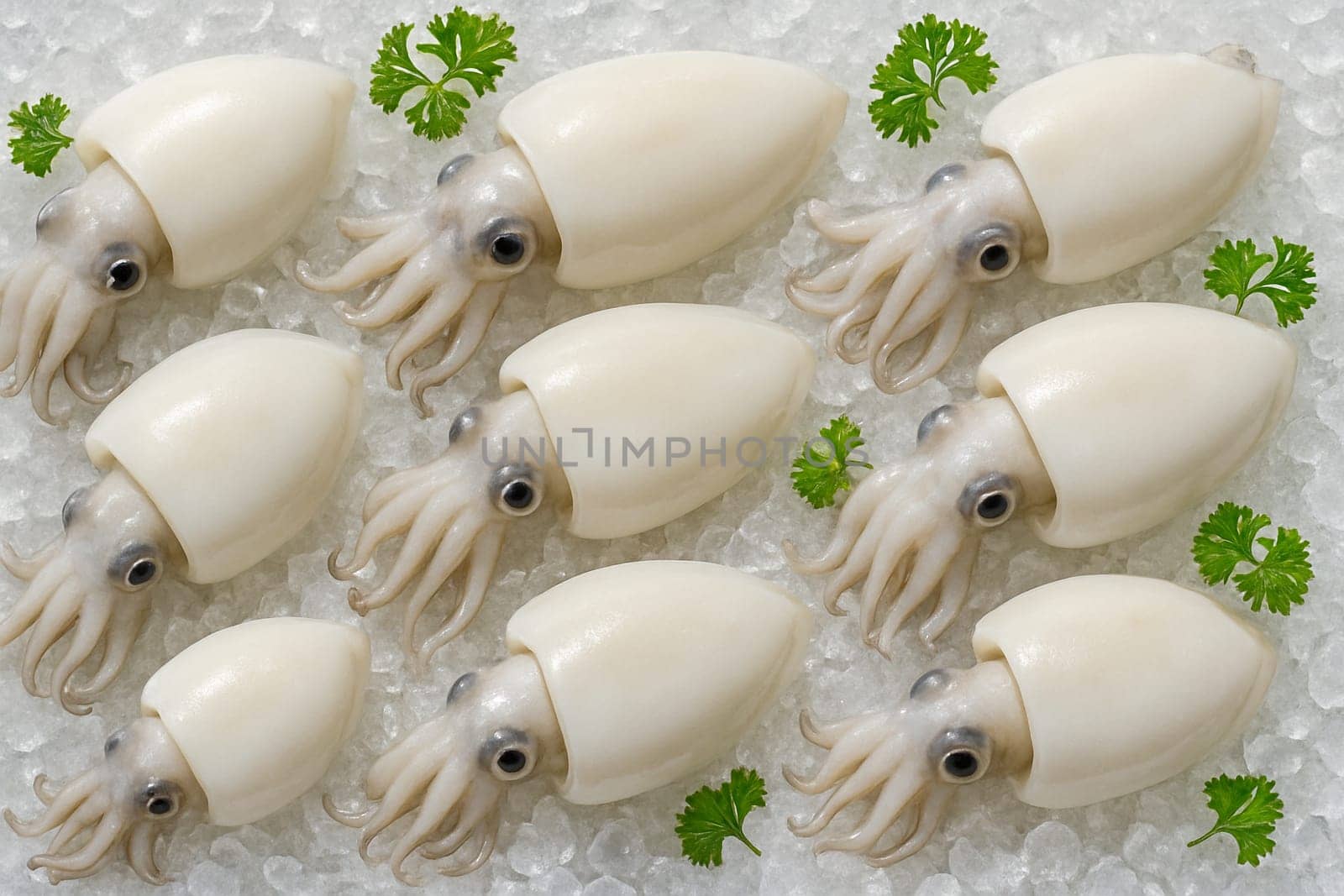 AI generated soft cuttlefish top view on crushed ice with fresh parsley in daylight showing clean texture freshness cool mood and high quality seafood ingredient for culinary visuals