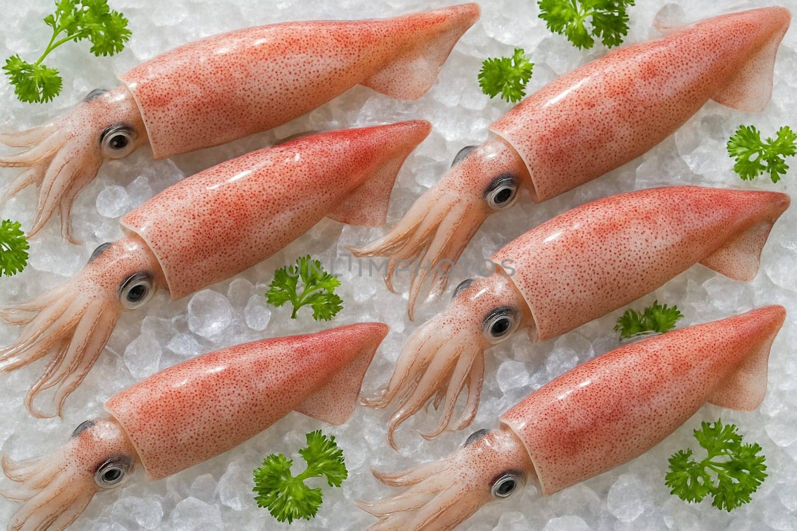 AI generated fresh splendid squid on crushed ice with green herbs top view in daylight atmosphere showing freshness clarity and seafood presentation for culinary and market themes
