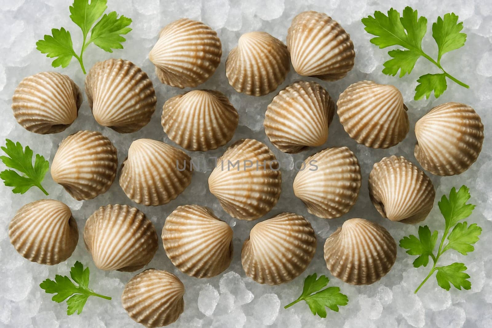 AI generated top view of fresh blood cockles on crushed ice with green herbs in bright daylight showing freshness coolness and appetizing colors for food and seafood themes