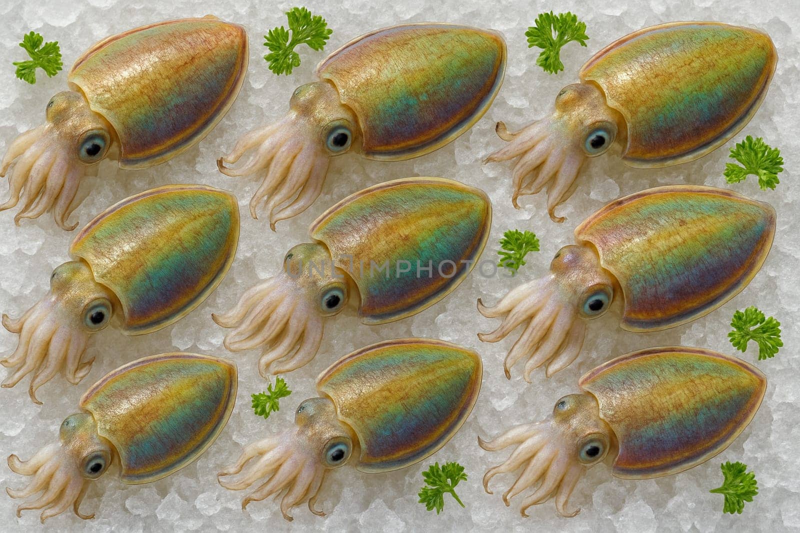 AI generated rainbow cuttlefish top view on crushed ice with fresh parsley in bright daylight showing vibrant color clarity cold freshness and premium seafood ingredient for culinary and creative use