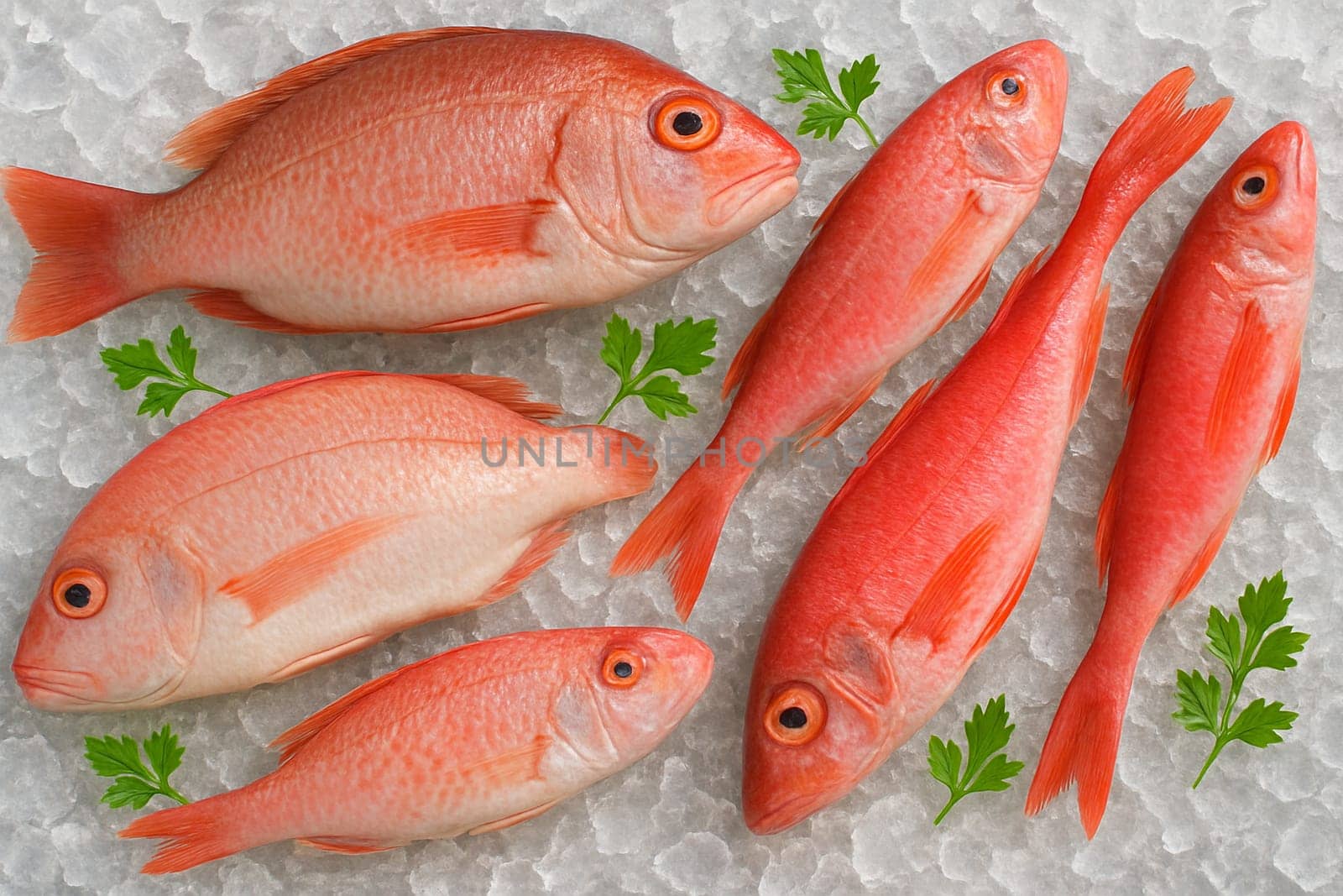 AI generated top view of various fresh red fish on crushed ice with green herbs highlighting seafood freshness texture and clean food preparation concept under daylight