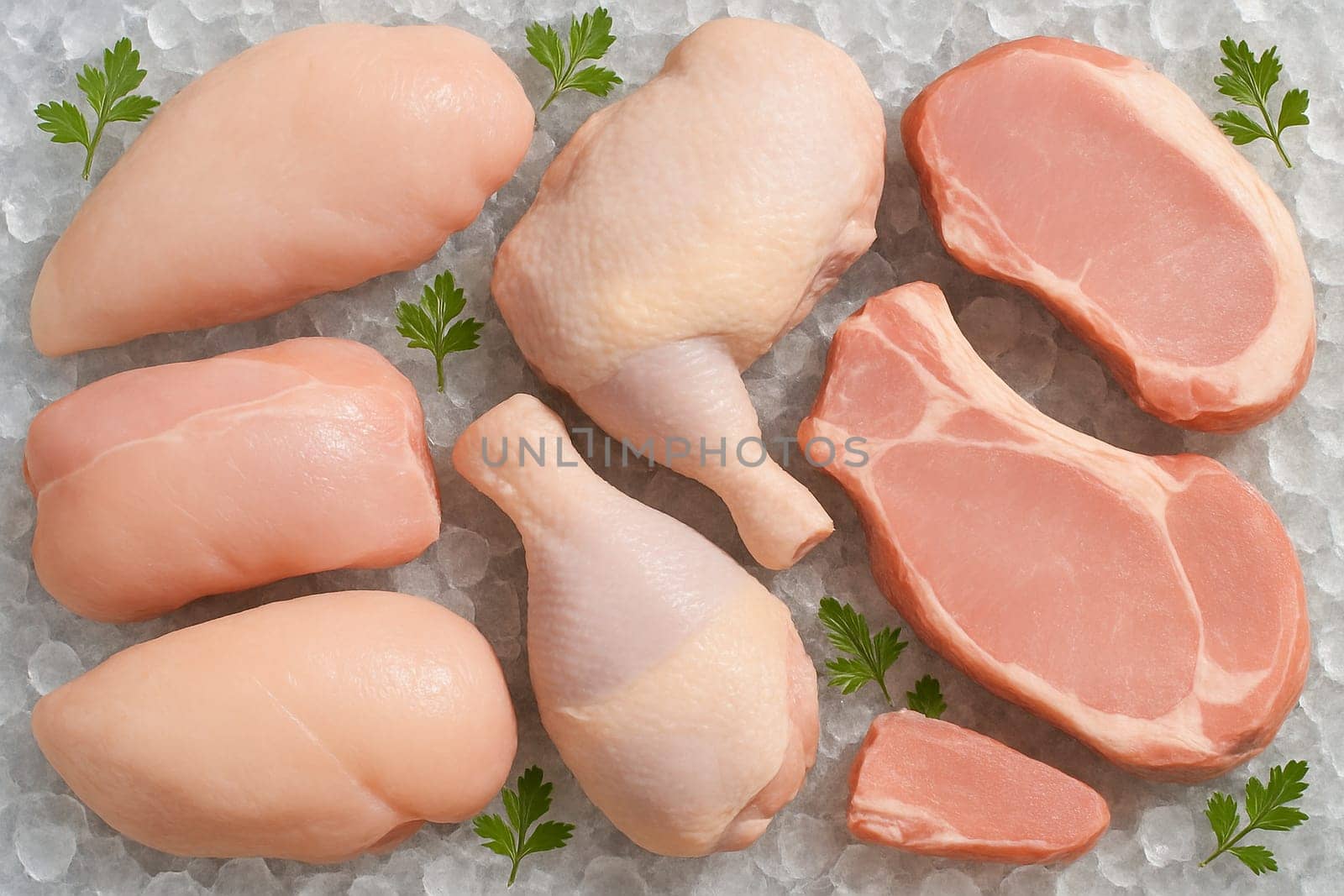 AI generated top view of raw chicken and pork cuts placed on crushed ice with fresh herbs under daylight highlighting freshness cleanliness and food preparation concept