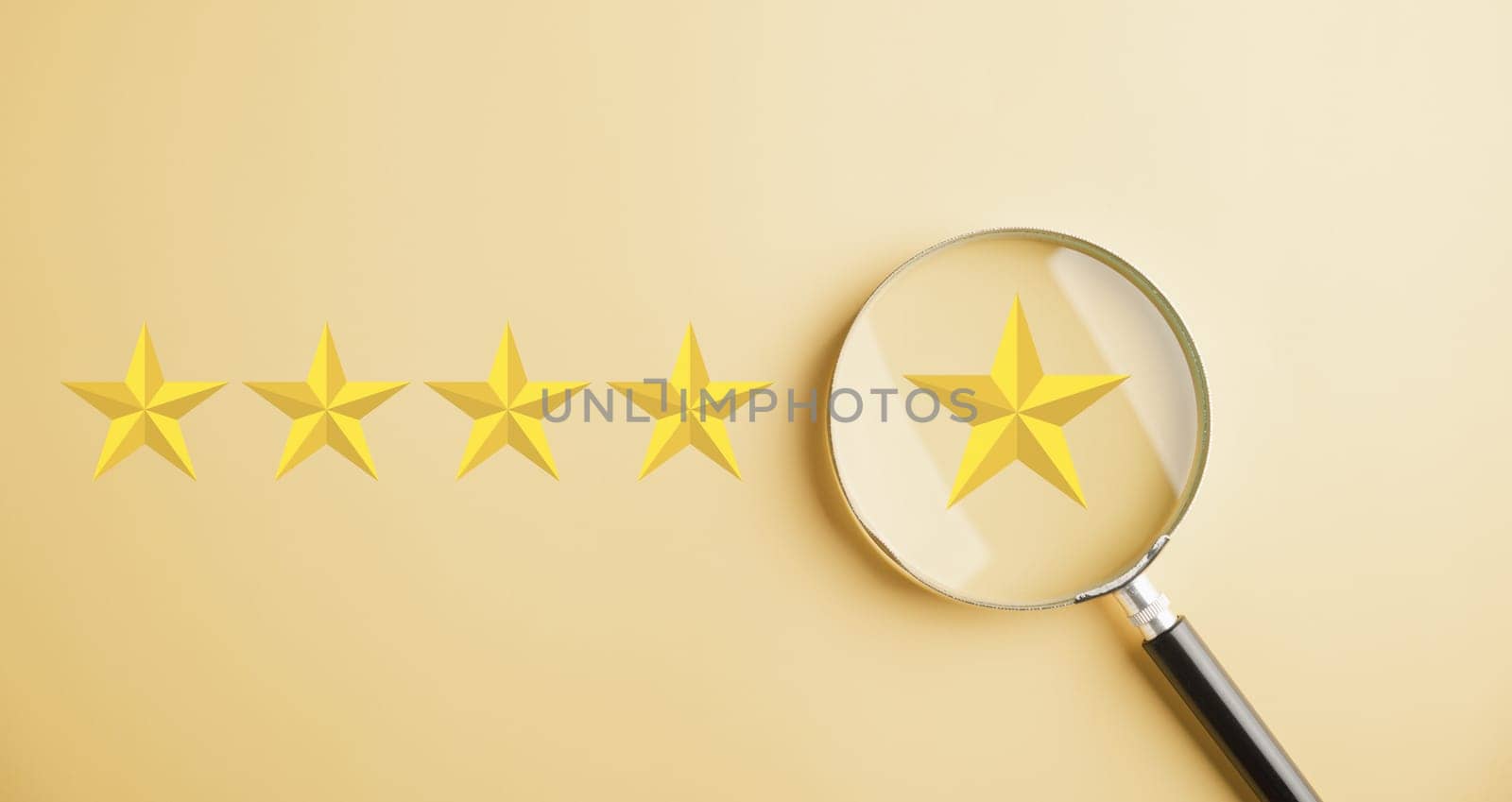 Customer uses magnifier glass to focus on five stars icon rating service. Satisfaction evaluation survey and review. Excellent rating. User gives feedback for good business network score.