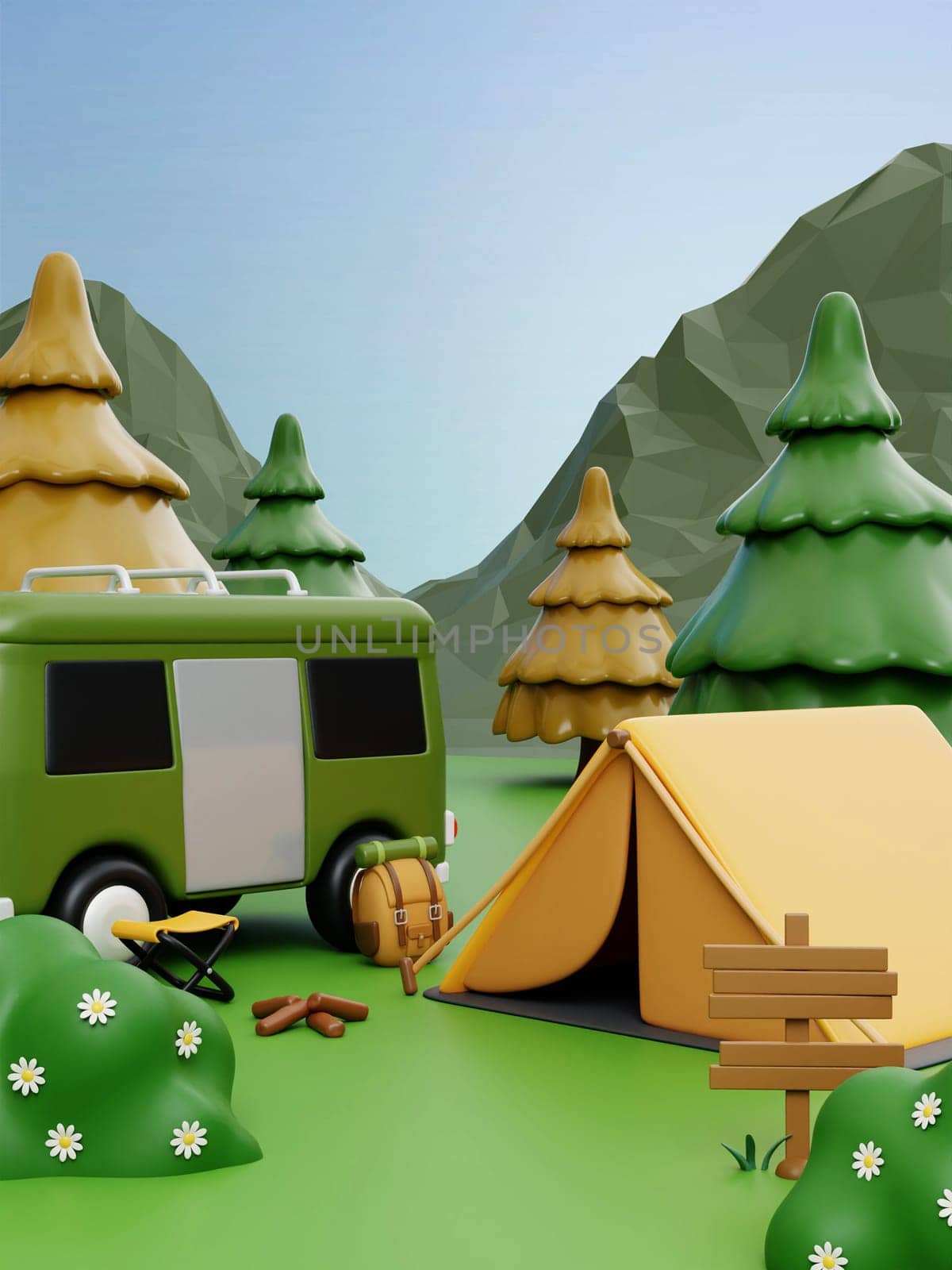 A vibrant 3D render illustration depicting a camping setup featuring a van, tent, and trees in a picturesque mountainous landscape.