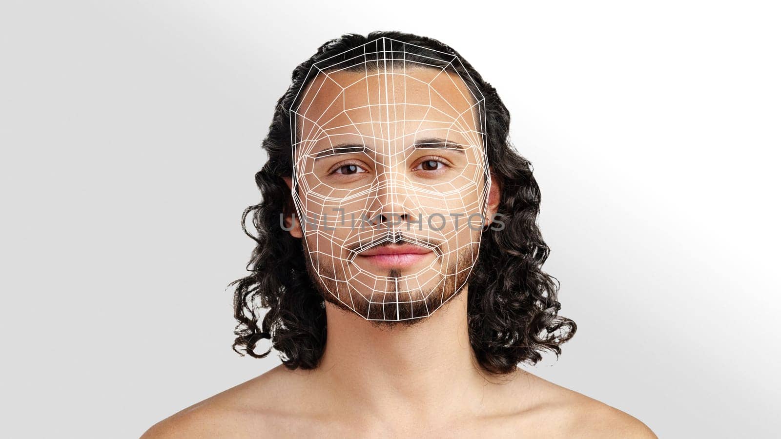 A male model displays a detailed 3D facial mapping. The visual highlights realistic skin textures and contours, emphasizing the intricate details of facial geometry.