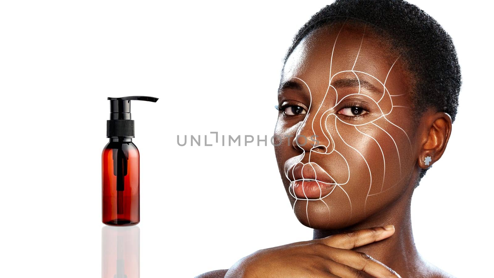 A woman showcases her skincare routine by gently applying a product to her face in a well-lit area. An elegant bottle rests nearby, emphasizing her beauty regimen.