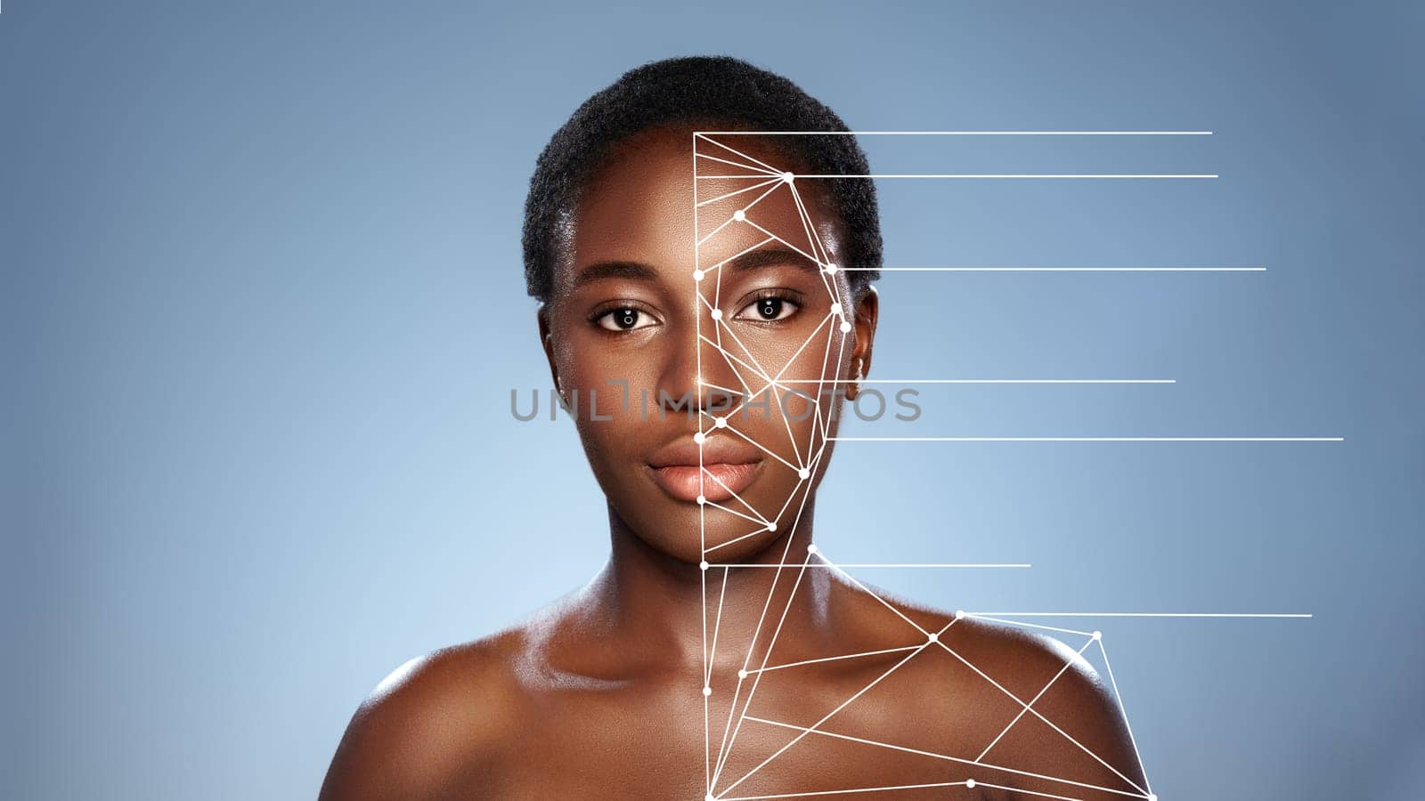 A model poses against a soft blue background, featuring a digital overlay that highlights her facial structure with connecting lines and points. The unique representation merges technology with art.