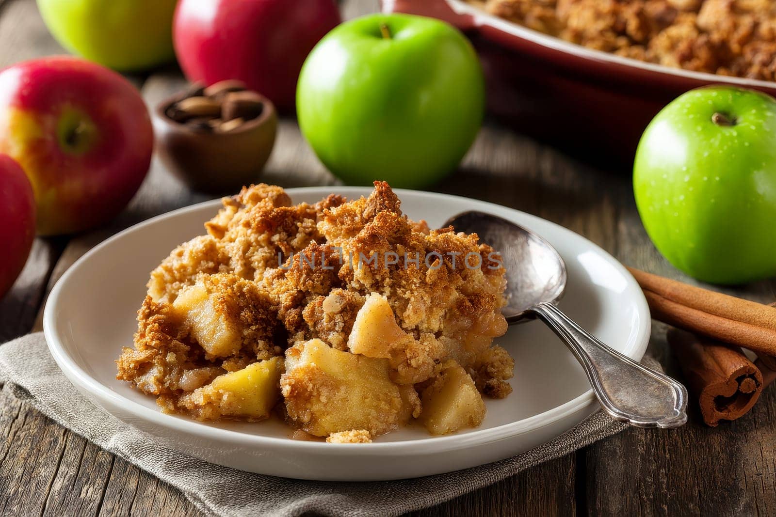 Apple crumble served on a white plate alongside a spoon and fresh green and red apples..