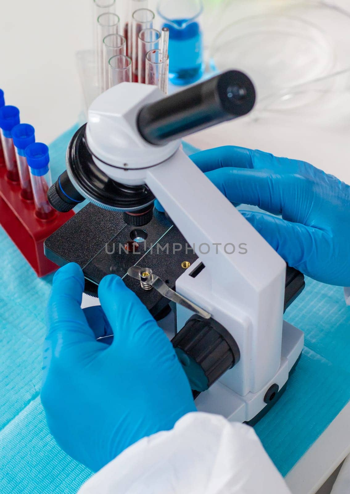 examine blood in the laboratory. Selective focus. medicine.