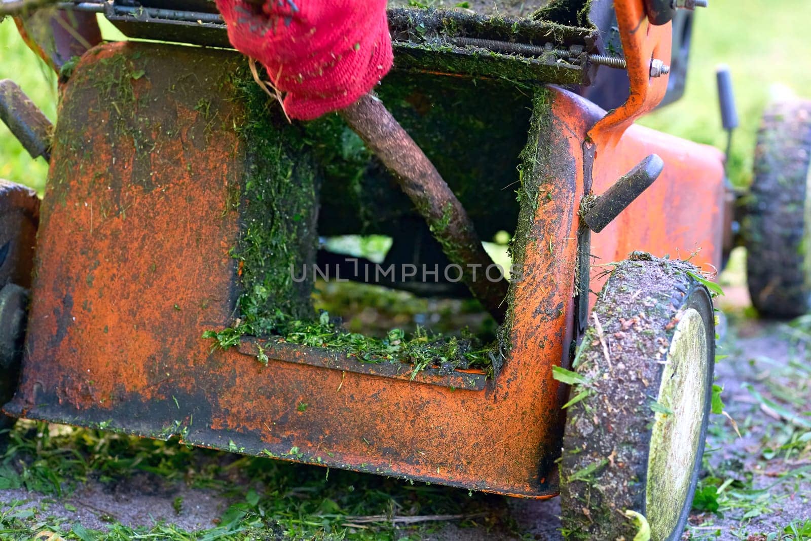 a handle electric or gasoline machine for cutting the grass on a lawn