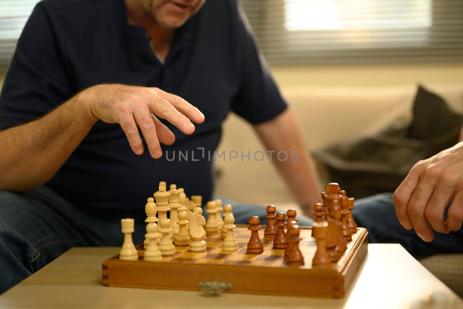 Father and adult son enjoying a game of chess in cozy living room. Fathers day concept..