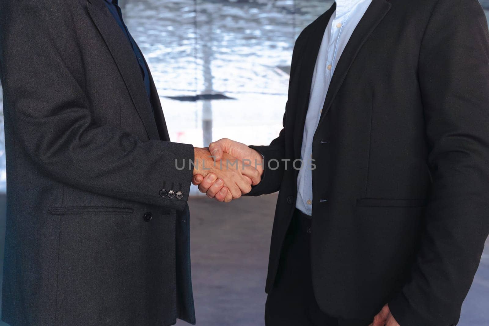 Portrait Two professional businessmen in suits shaking hands inside a modern glass office. Business deal, agreement, or partnership in a corporate indoor setting with contemporary design.