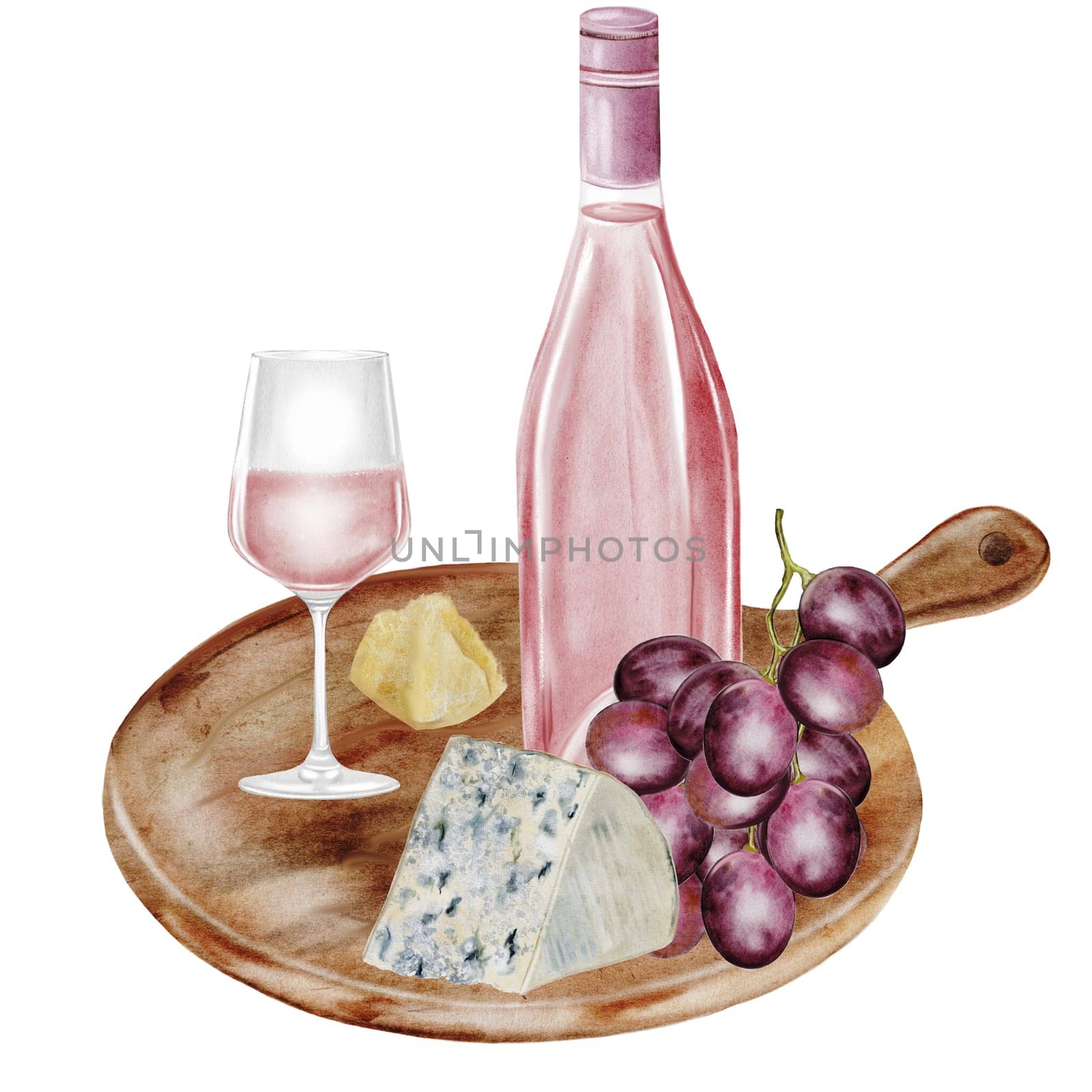Wine bottle and a glass with snacks on the board watercolor. Hand drawn pink alcoholic drink and cheese and grapes. Clip art of drink. Ideal for advertising posters of bar and restaurant menu. High quality illustration