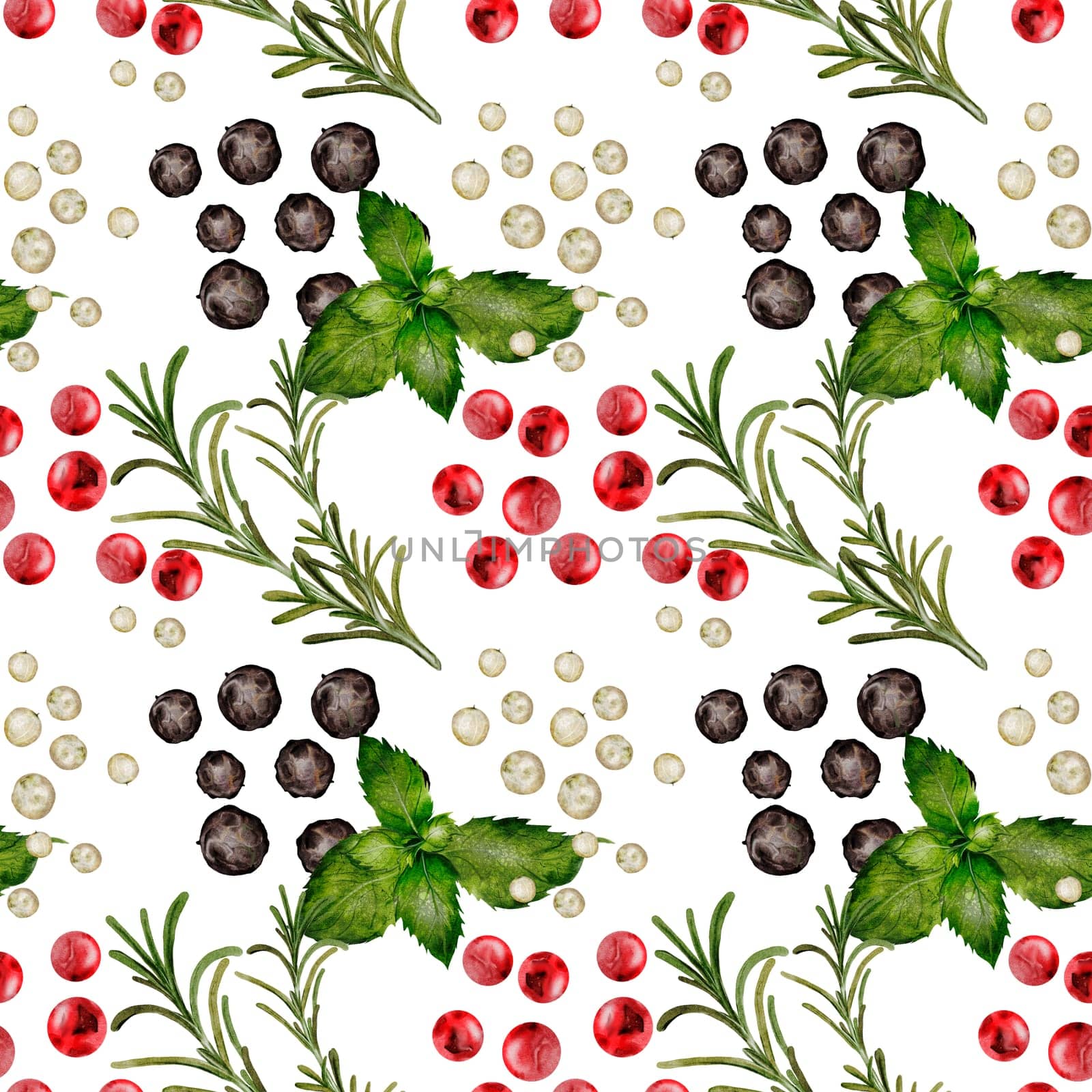 Peppercorns watercolor seamless pattern. Hand drawn dried black, white and pink pepper with rosemary. Clip art on a white background of hot spices. Ideal for cookbooks, menus and organic product packaging. High quality photo