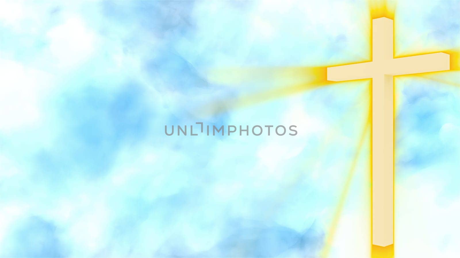 Christian cross in the sky and sunbeams. Computer generated 3d render