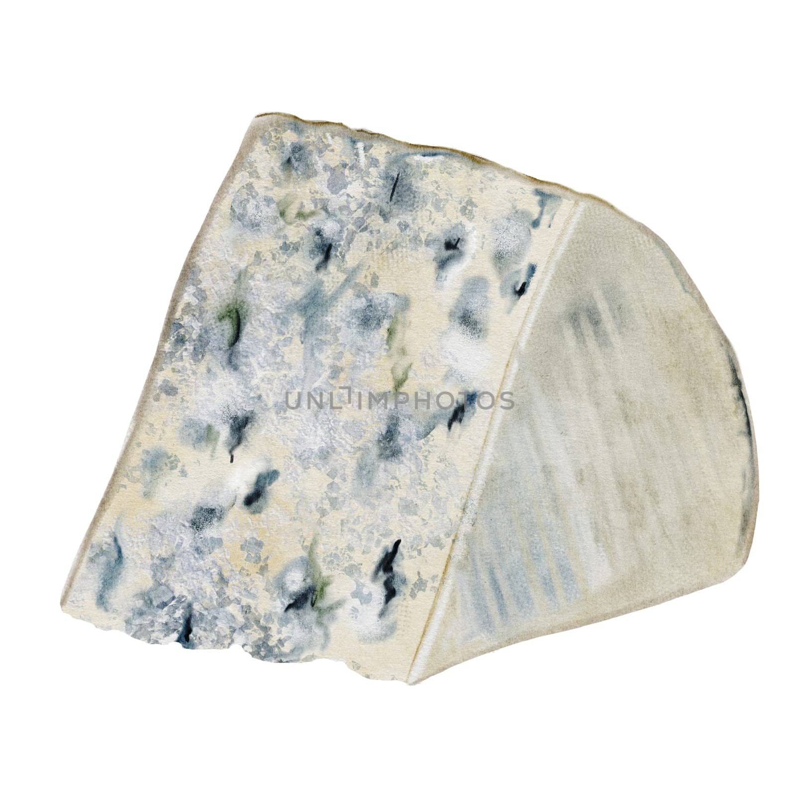 Piece of cheese watercolor illustration. Hand drawn dorblu or roquefort cheese with blue noble mold. Clip art food realism. Ideal for organic dairy farm packaging and restaurant menu design. High quality illustration