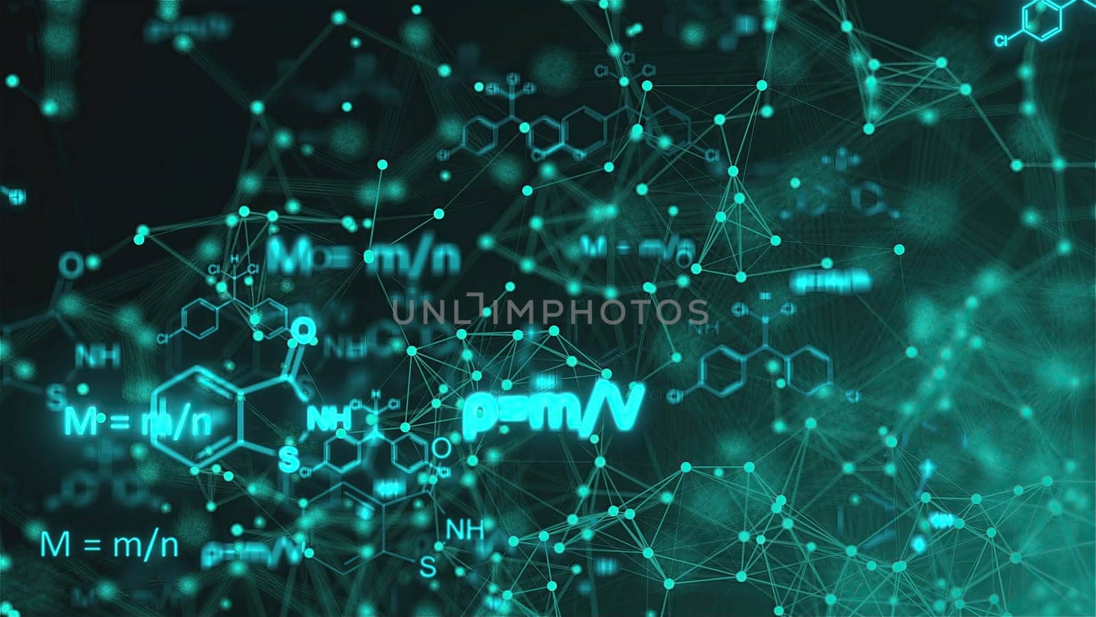 Chemistry Formulas with connection dots. Computer generated 3d render