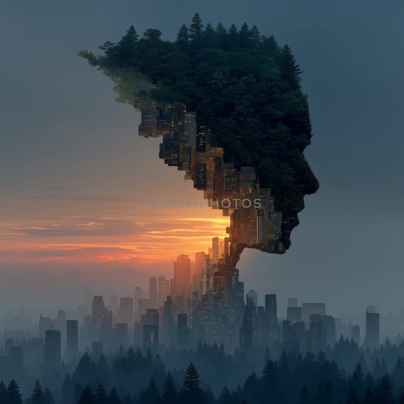A forested skyline transitions into illuminated skyscrapers, shaping a human profile against a dreamy sunset above a misty city and pine forest.