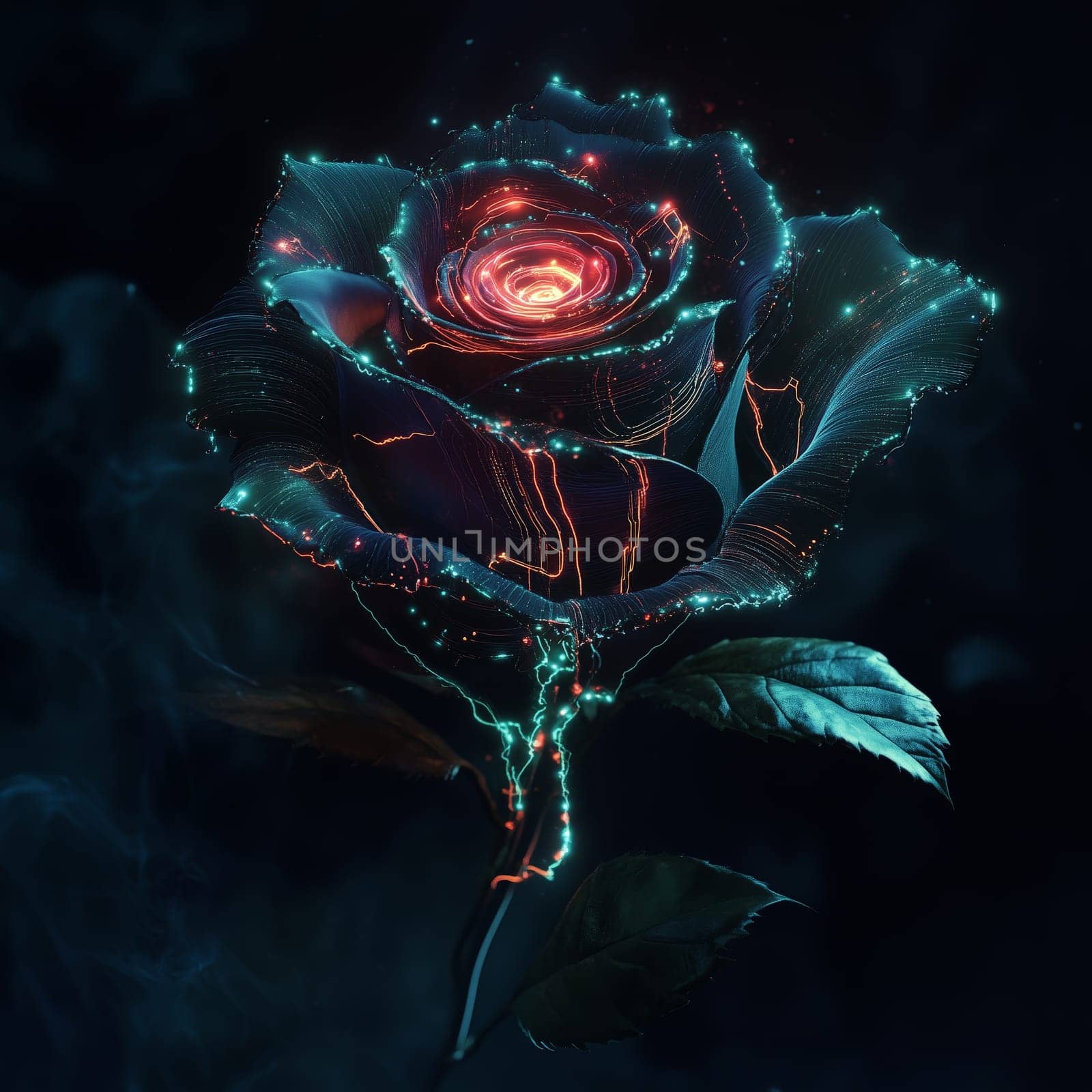 A close-up of a rose illuminated with glowing neon circuitry in red and blue, blending nature with sci-fi elements against a dark, moody background.