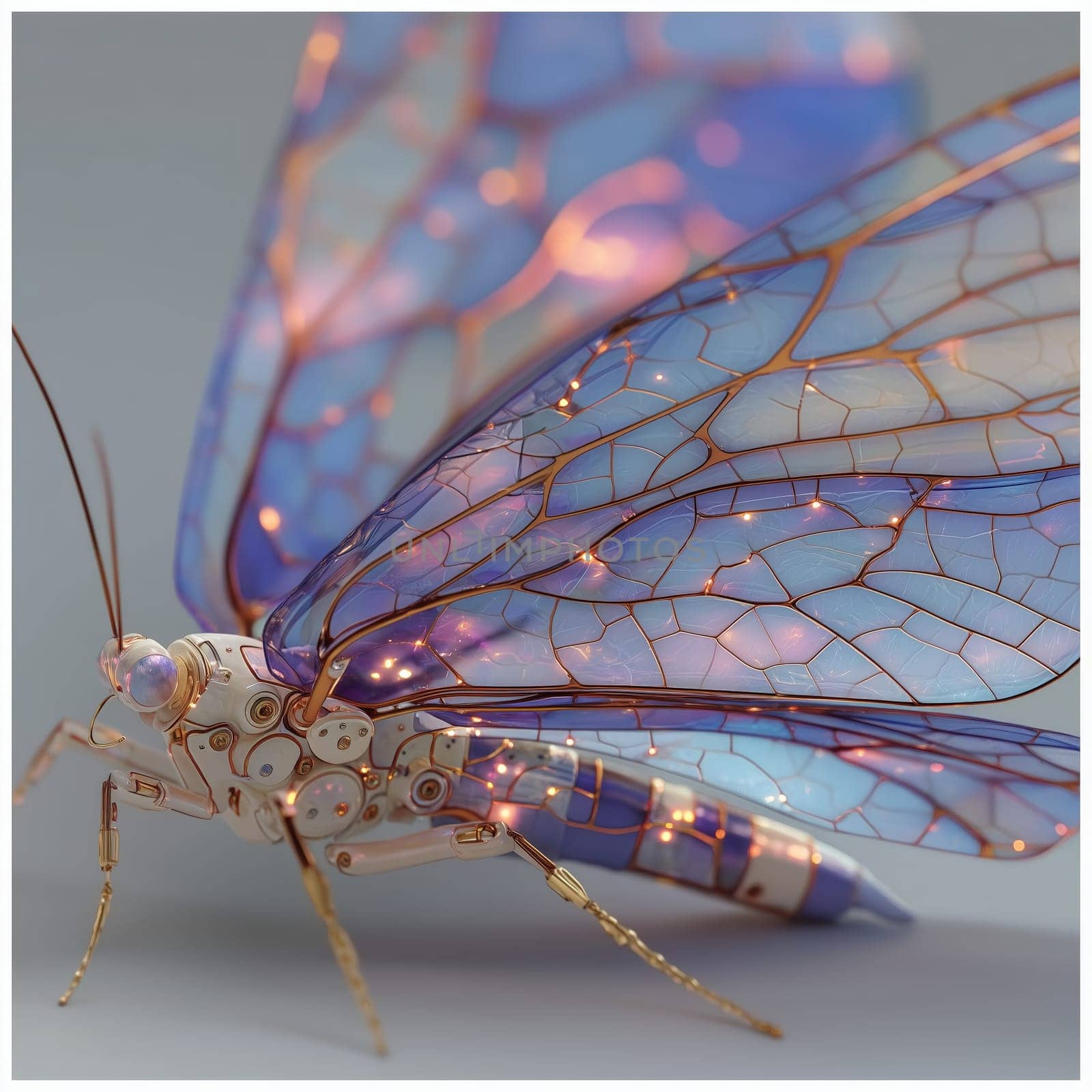 Close-up of a sci-fi robotic butterfly featuring iridescent purple-blue wings, golden wiring, and embedded lights, set against a neutral background.
