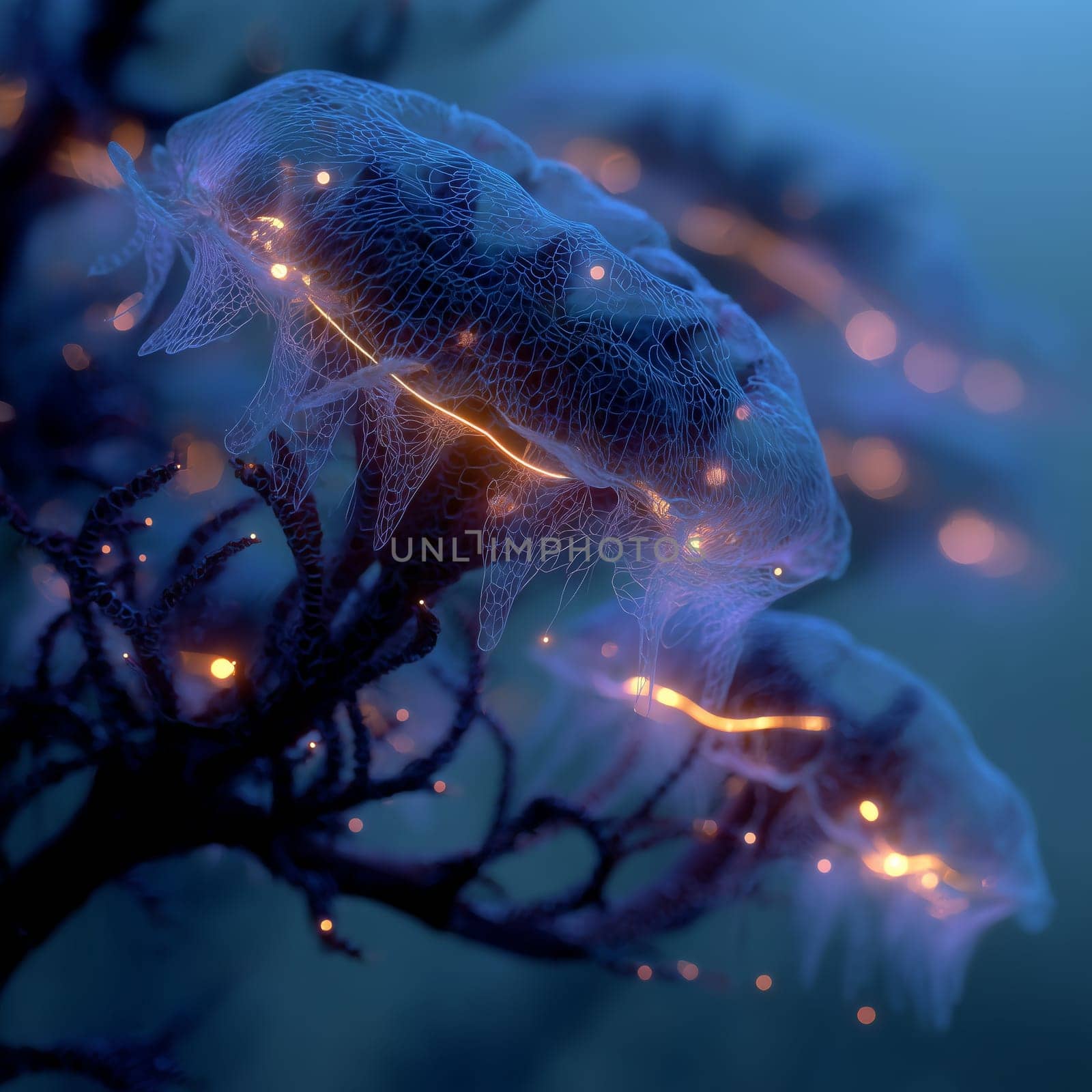 Close-up of translucent jellyfish with glowing orange and blue bioluminescent patterns drifting in a deep underwater environment.