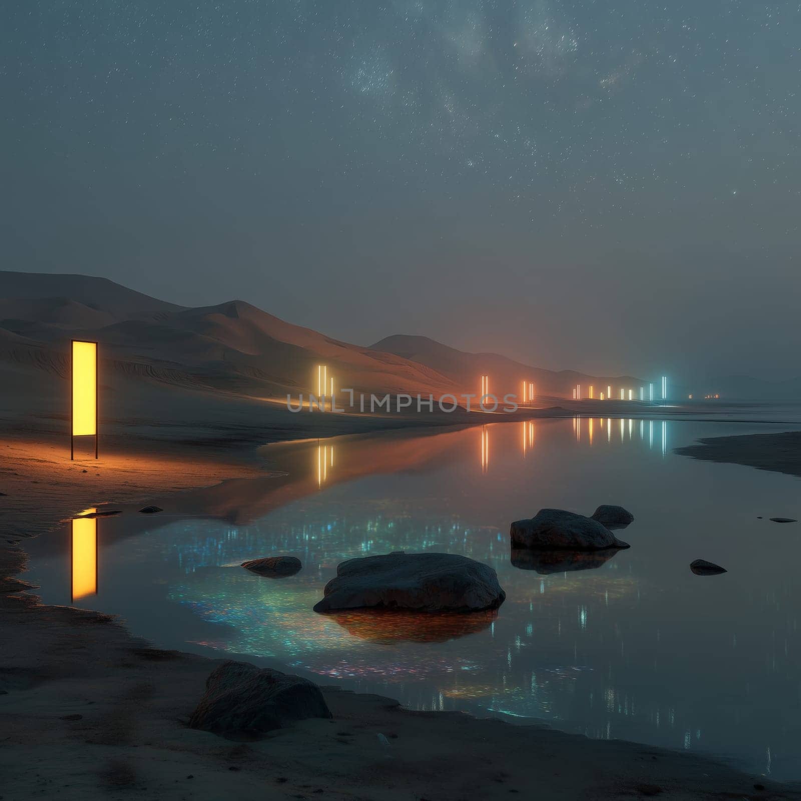 Series of glowing vertical panels illuminate a tranquil desert lake under a starry sky, casting colorful reflections on the water in a surreal nighttime scene.