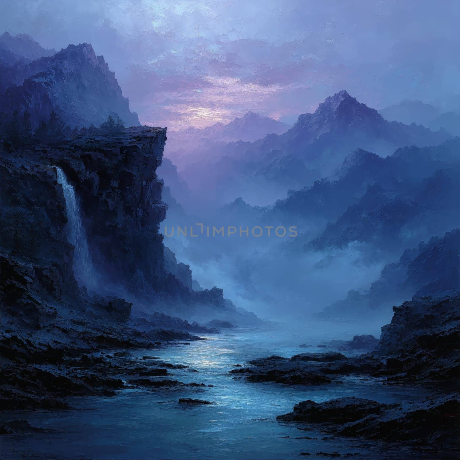 Serene view of a mountain valley at dusk, with a gentle waterfall cascading off a cliff into a calm river, surrounded by mist and glowing purple sky.