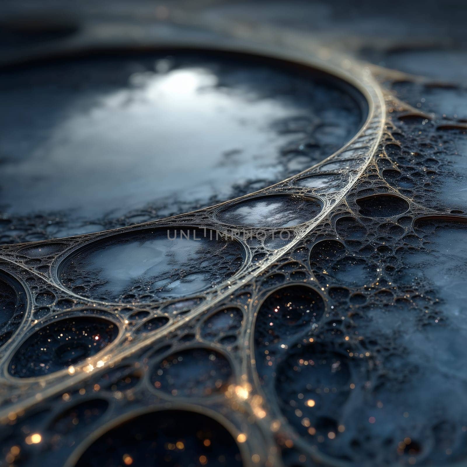 Intricate abstract pattern resembling a golden web or neural network over reflective blue-black liquid surfaces, viewed in macro perspective.