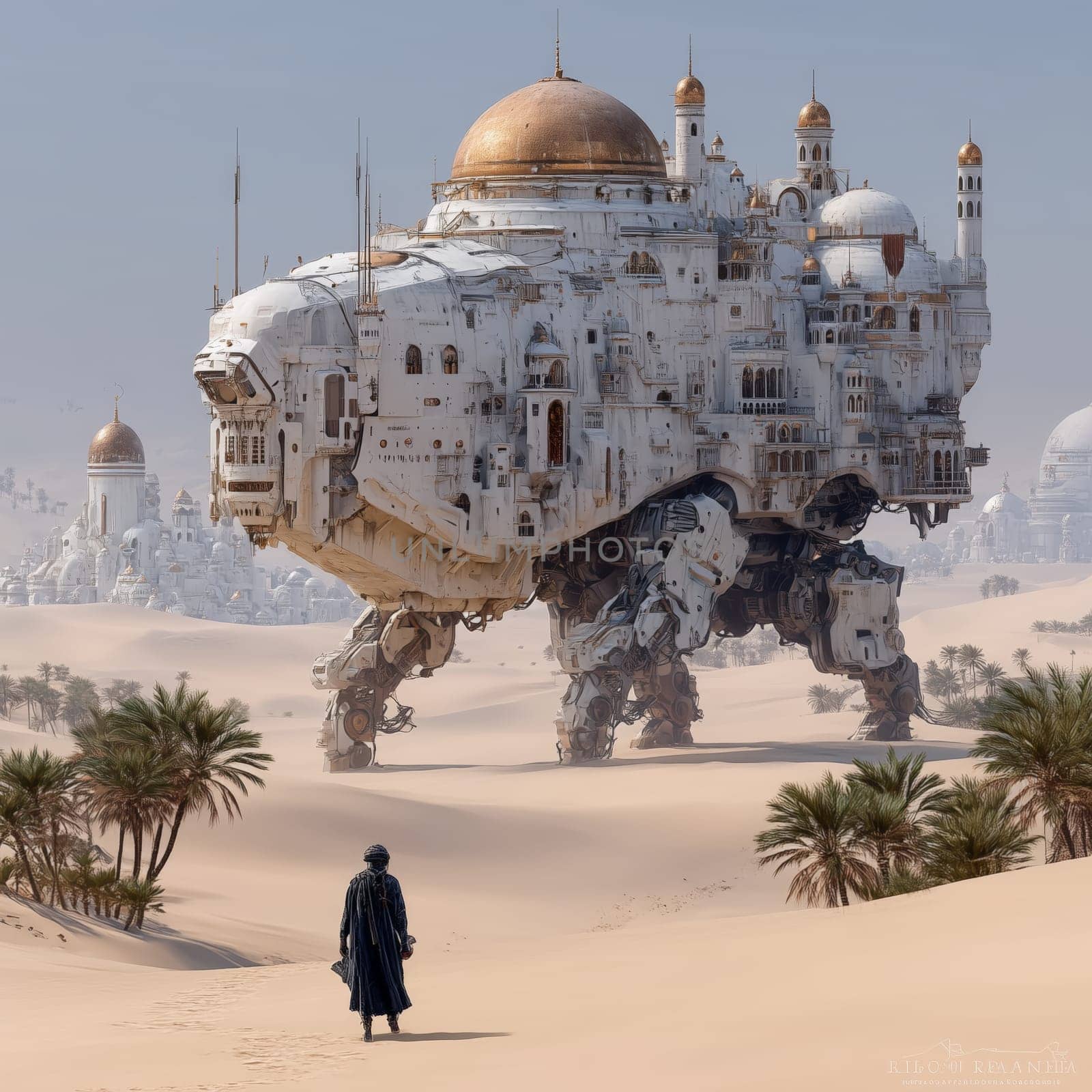 Majestic sci-fi structure on mechanical legs resembling a palace moves across a sandy desert as a lone robed traveler approaches through the dunes.