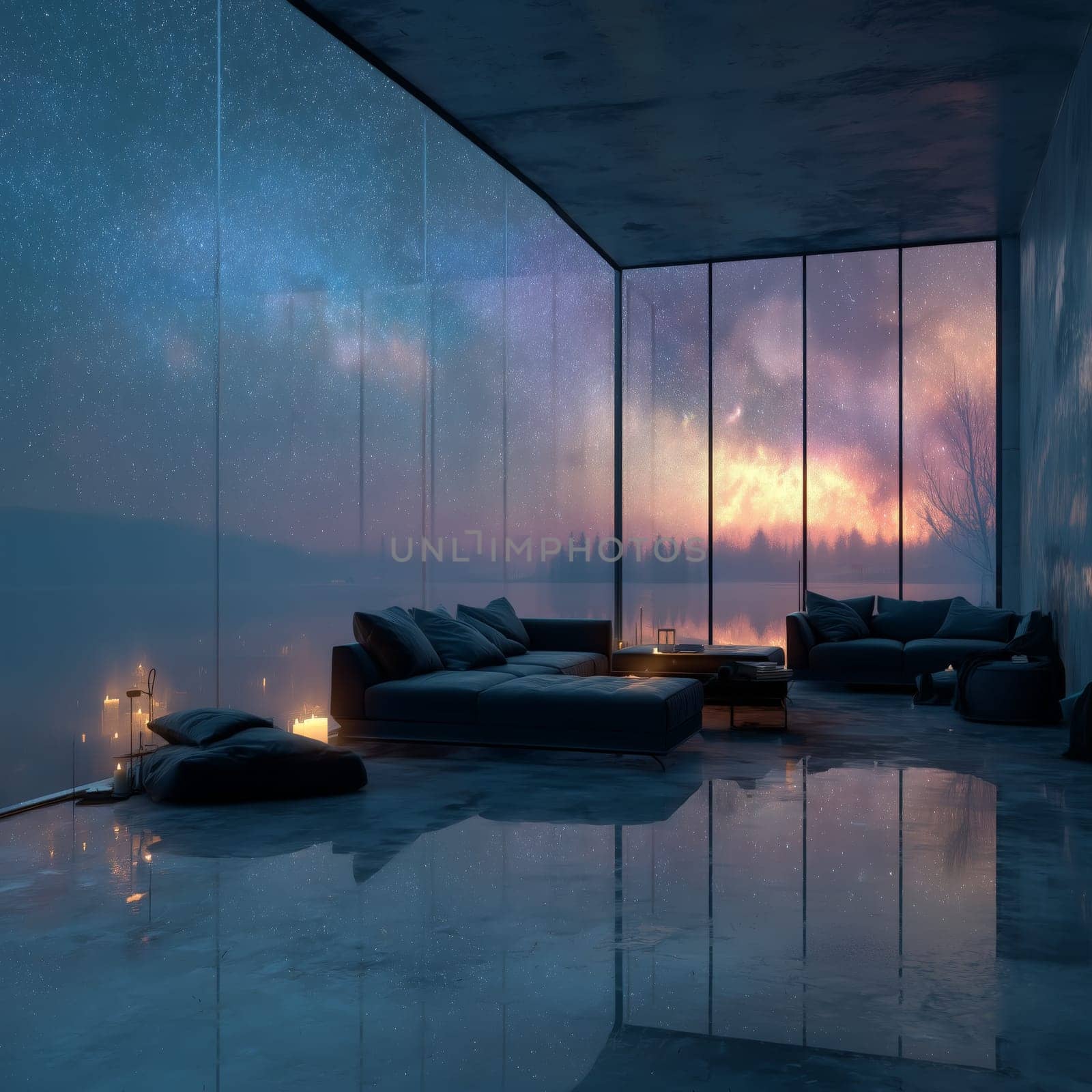 Elegant modern interior with panoramic windows revealing a twilight sky and calm lake reflection, cozy furniture, and candlelight ambiance. No people.