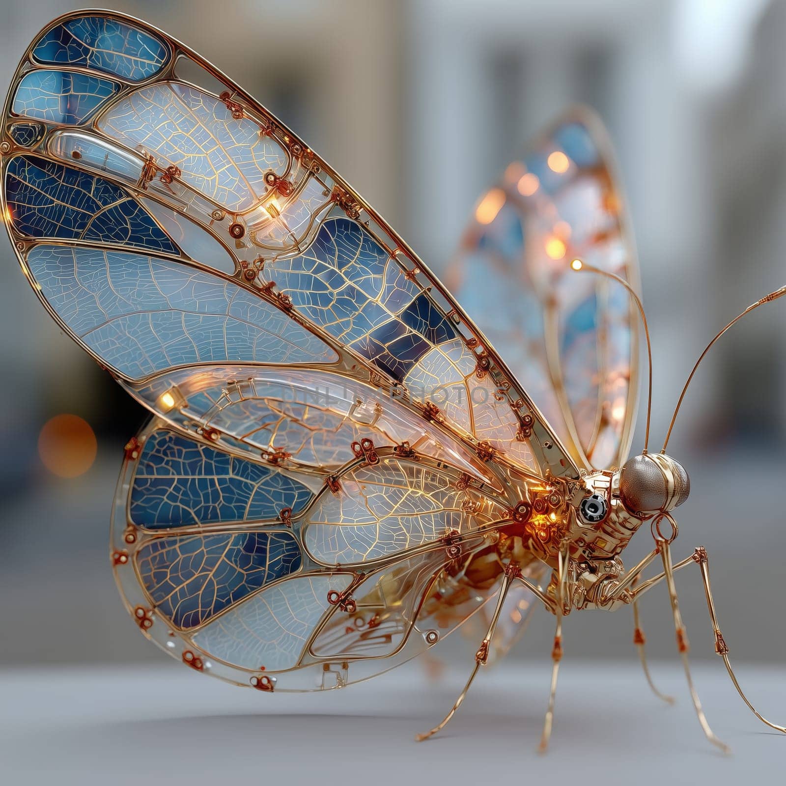 Close-up of a mechanical butterfly with intricate stained glass-style wings and golden details, blending nature and technology in a sci-fi art concept.