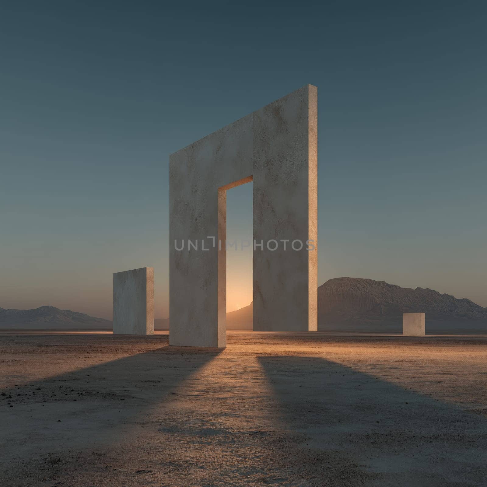Minimalist stone monoliths rise from a vast desert, their geometric forms casting dramatic shadows as the sun rises behind distant mountains.