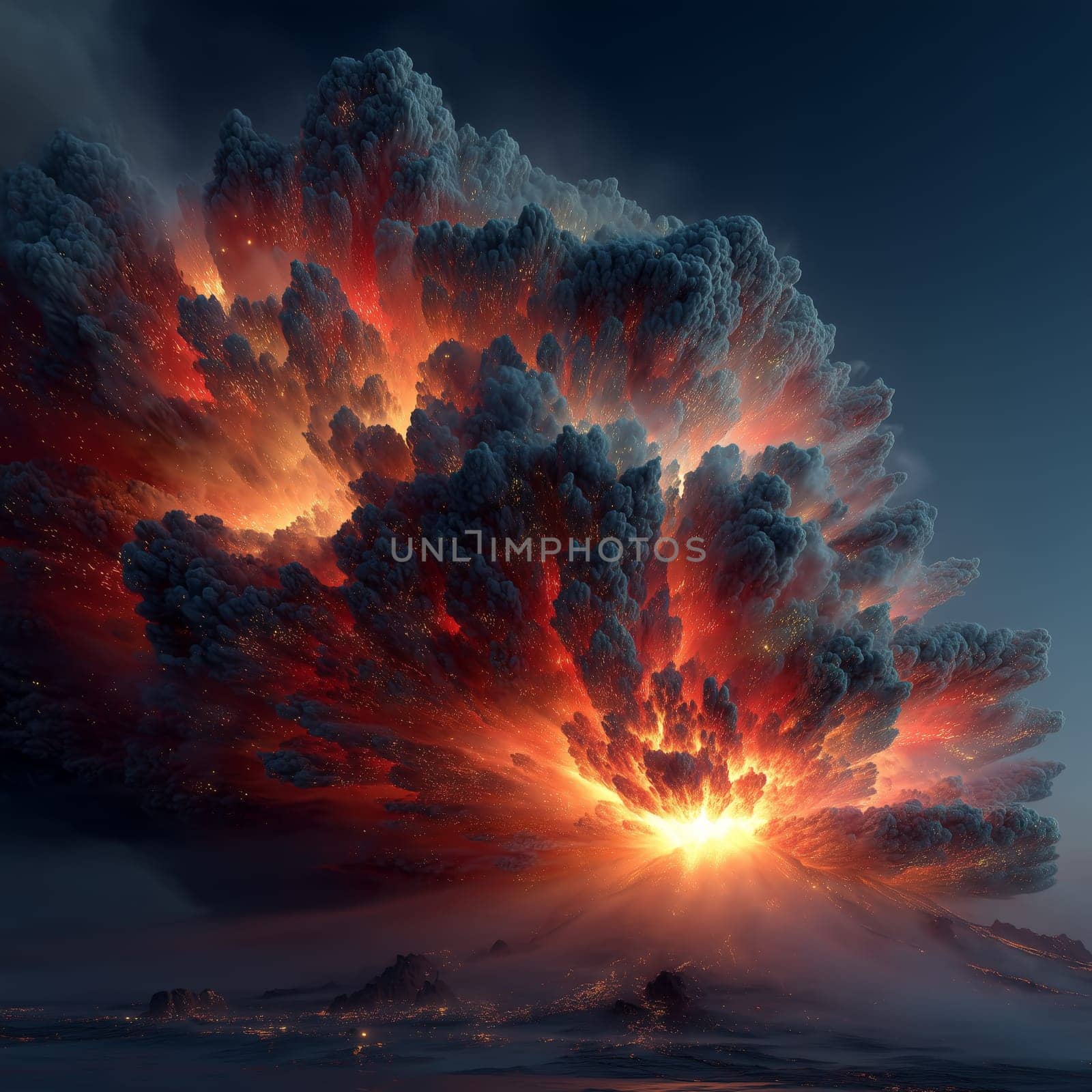 Massive volcanic eruption sends a glowing ash cloud into the sky, with bursts of fire and smoke illuminating the dark terrain in a surreal and dramatic scene.