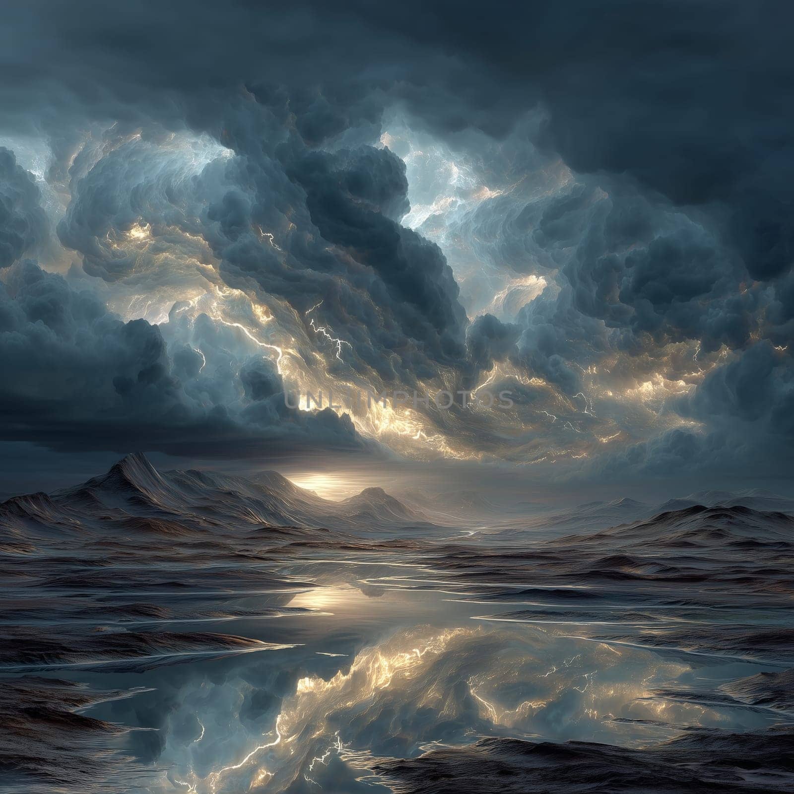 Dark storm clouds swirl above a desert lake at sunset, with dramatic lightning and vivid reflections in the still water creating a surreal, atmospheric landscape.