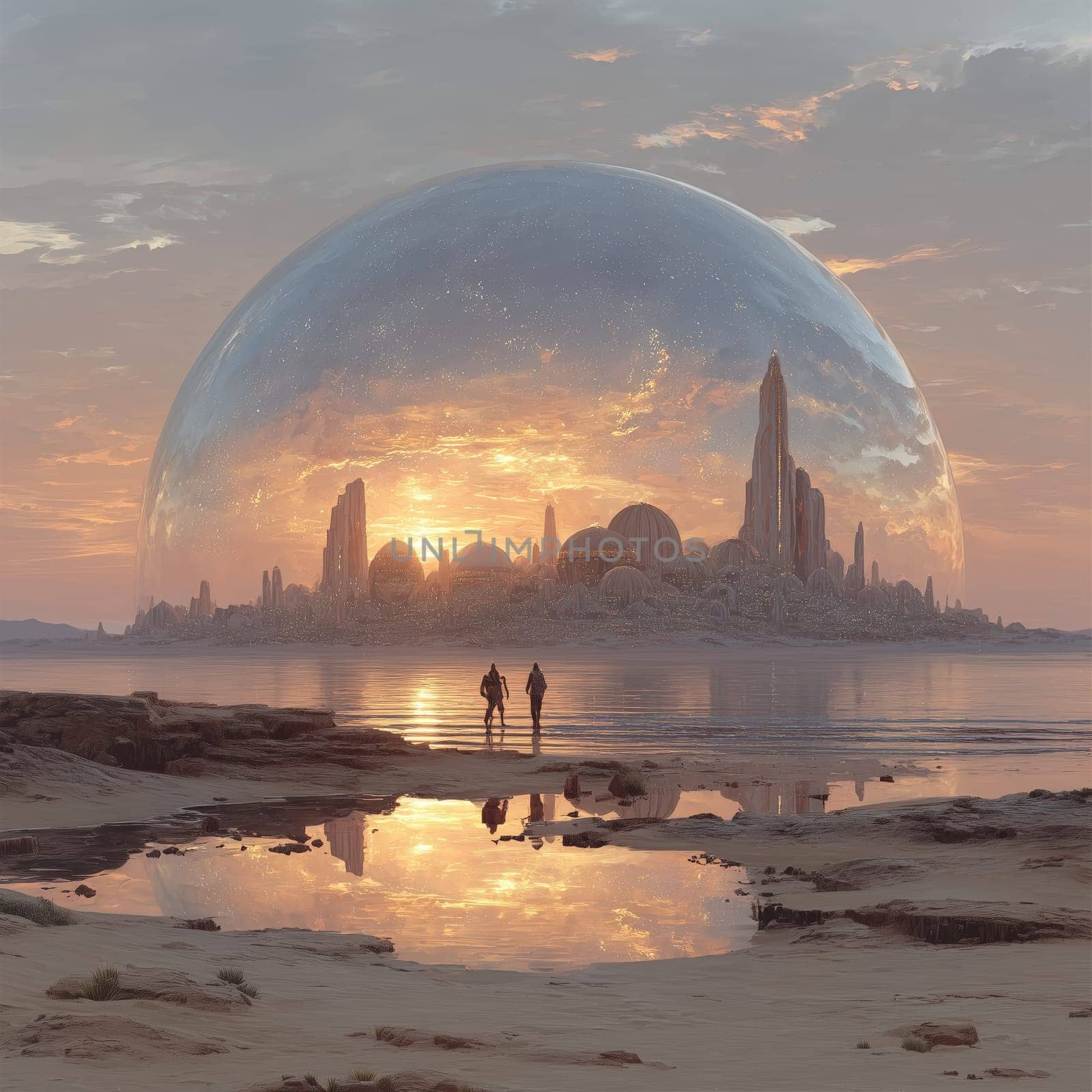 Two figures walk across a desert shoreline toward a glowing sci-fi city enclosed in a giant transparent dome, illuminated by a golden sunset.