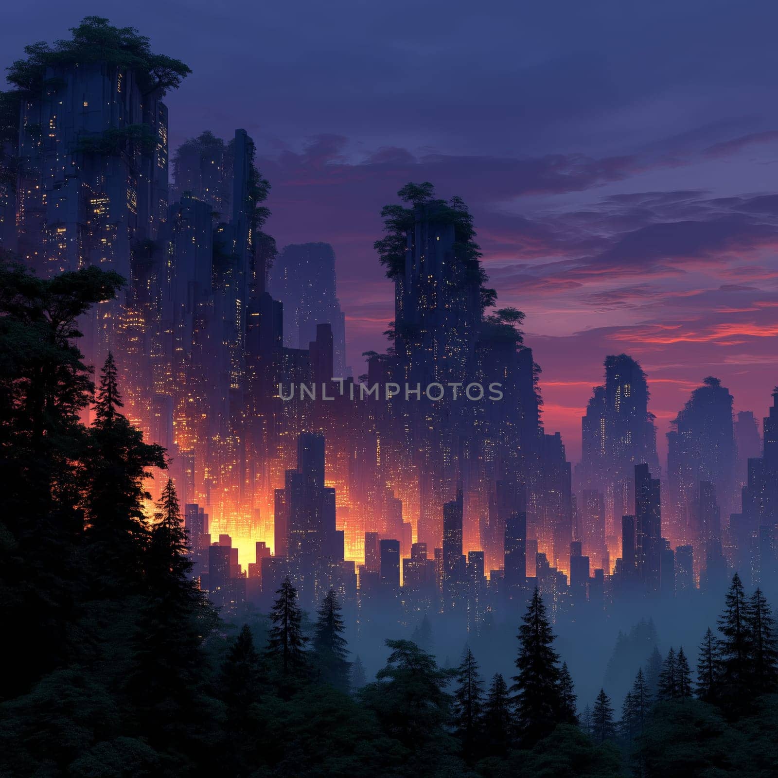 Tall futuristic skyscrapers covered in trees rise from a forest, glowing with lights at sunset in a surreal sci-fi landscape.