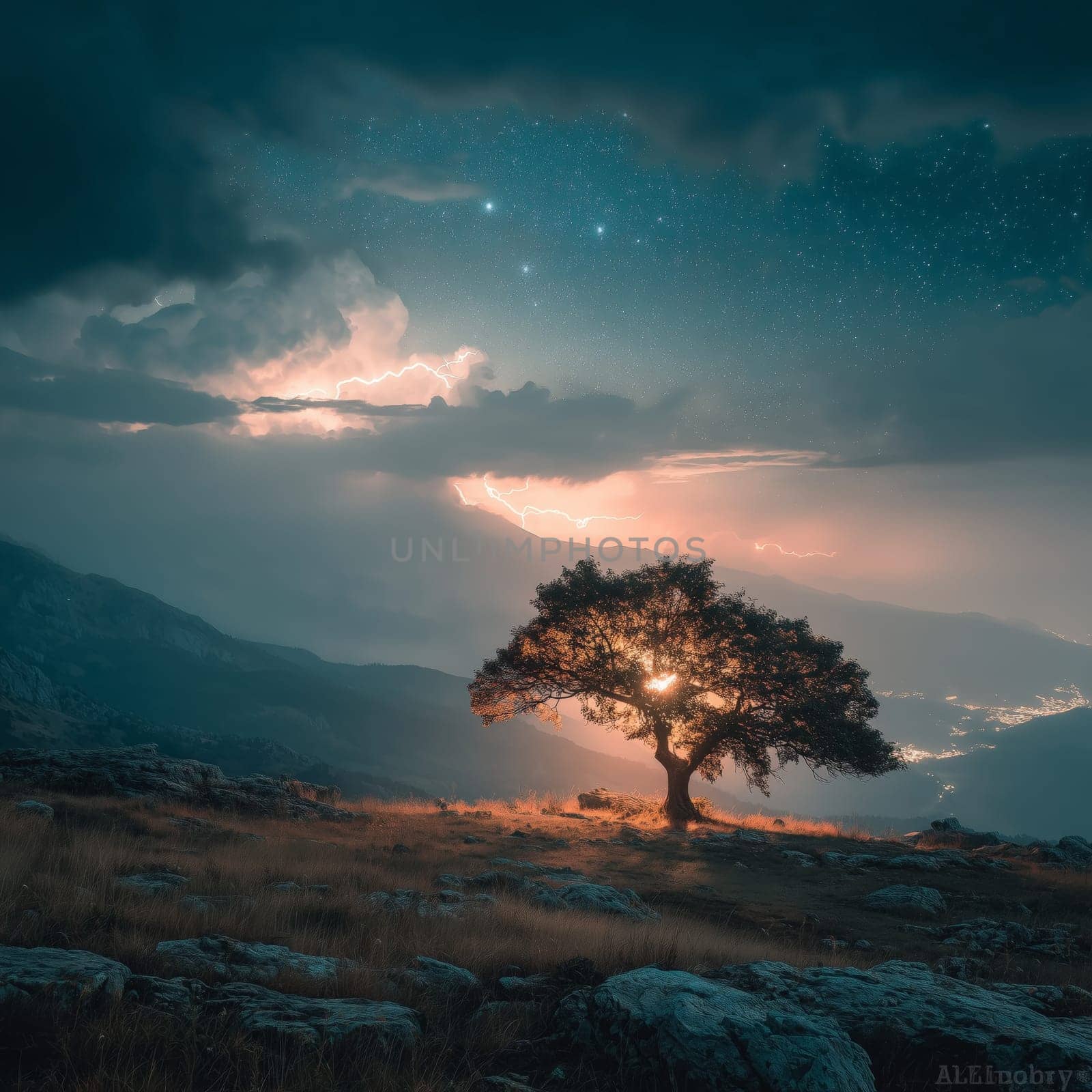 Dramatic night landscape of a solitary tree on a rocky mountain slope, illuminated by distant lightning and glowing clouds under a starry sky.