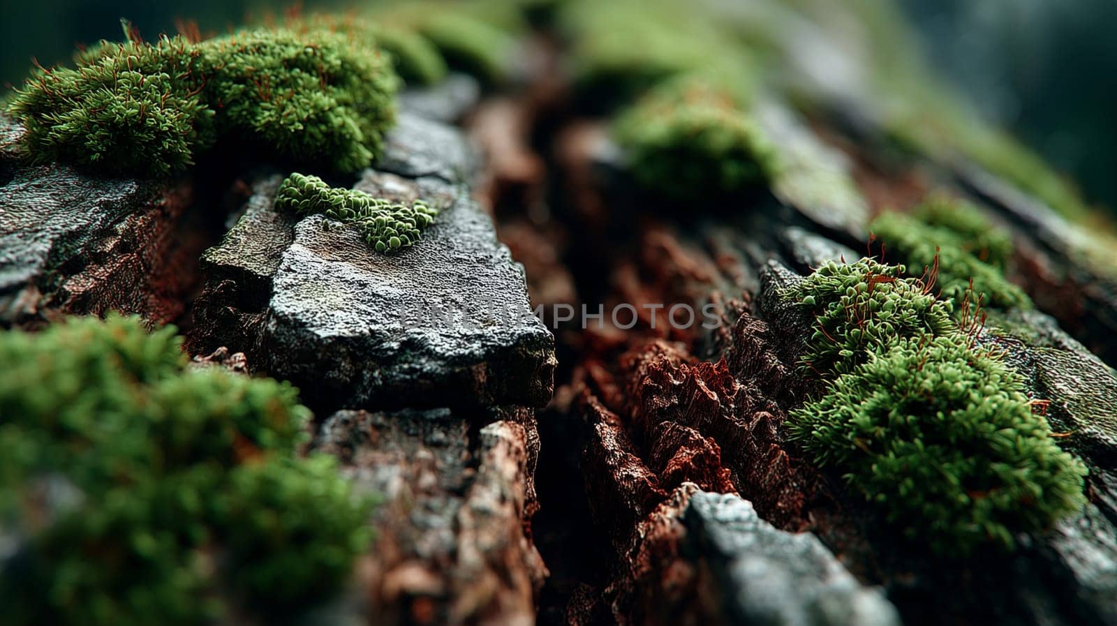 Close-up macro shot of vibrant green moss growing between rugged cracks of aged tree bark, highlighting forest texture and natural decomposition.