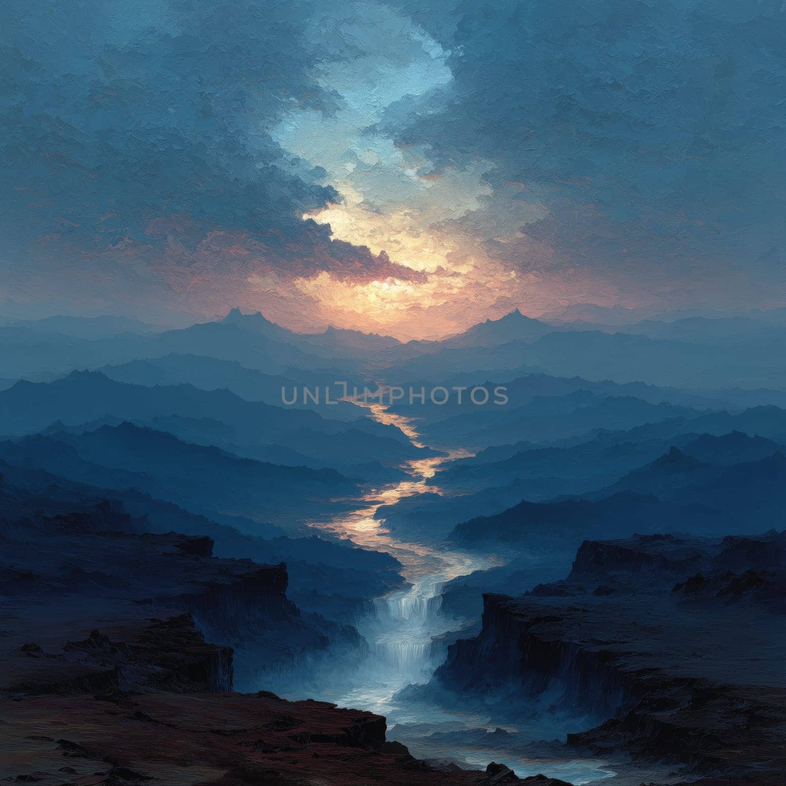 Stylized painting of a glowing river winding through misty valleys and waterfalls, surrounded by layered mountain silhouettes under a dramatic sunset sky.