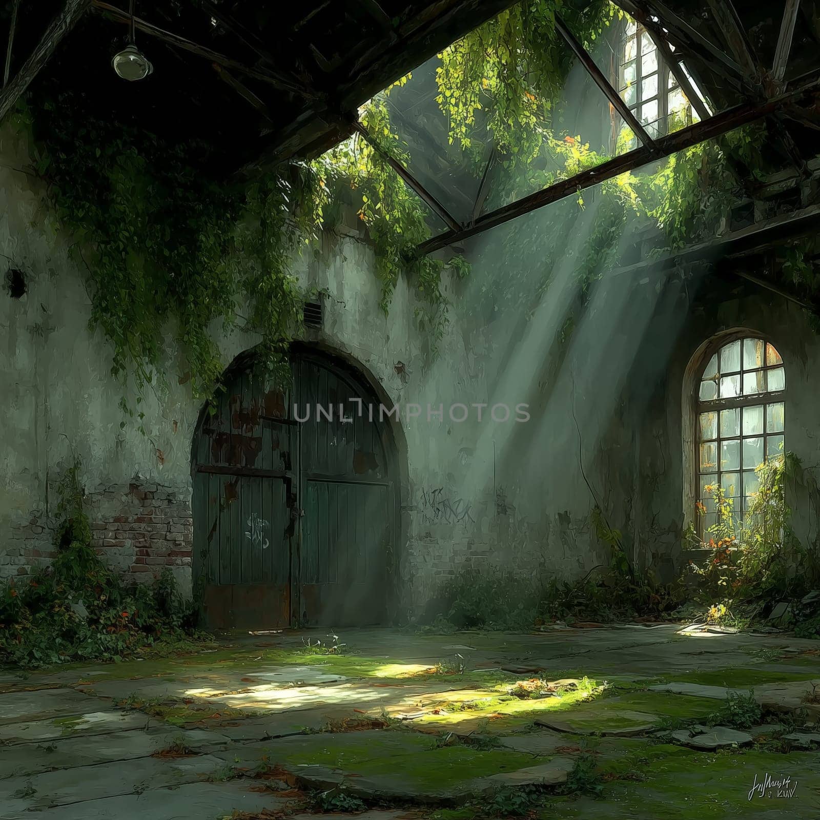 Sunlight shines through the broken roof of an old warehouse, illuminating moss-covered floor, ivy-covered walls, and a large weathered green door.