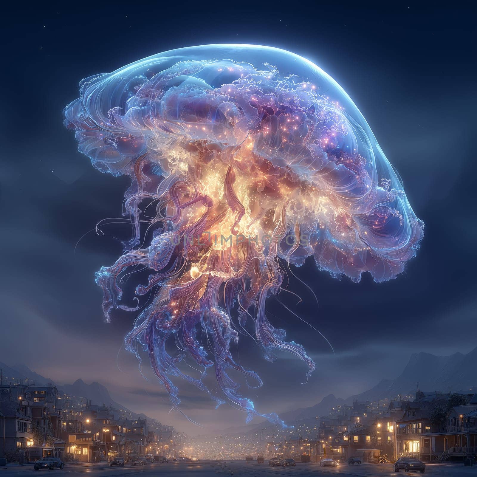 A glowing, translucent jellyfish drifts above a peaceful town at night, radiating soft bioluminescent light over the streets and mountains.