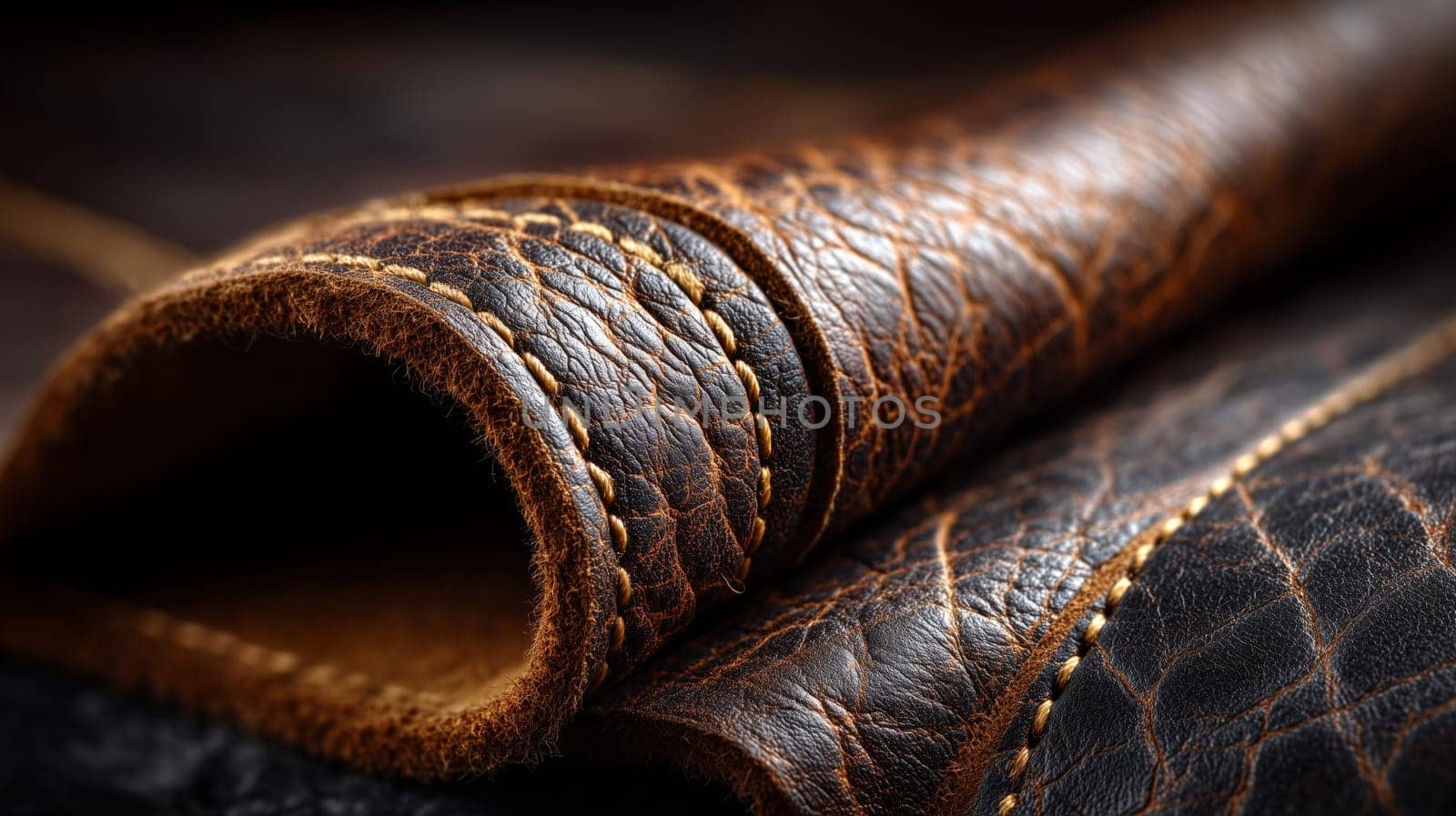 Macro shot of premium leather rolled up, showcasing detailed stitching and a rich, aged texture with visible creases and a luxurious finish.