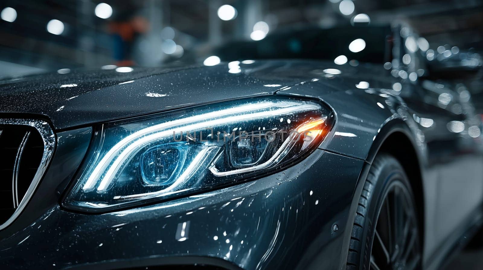 Detailed close-up of a modern luxury car's LED headlight covered in raindrops, captured in a dimly lit parking garage with bokeh reflections.