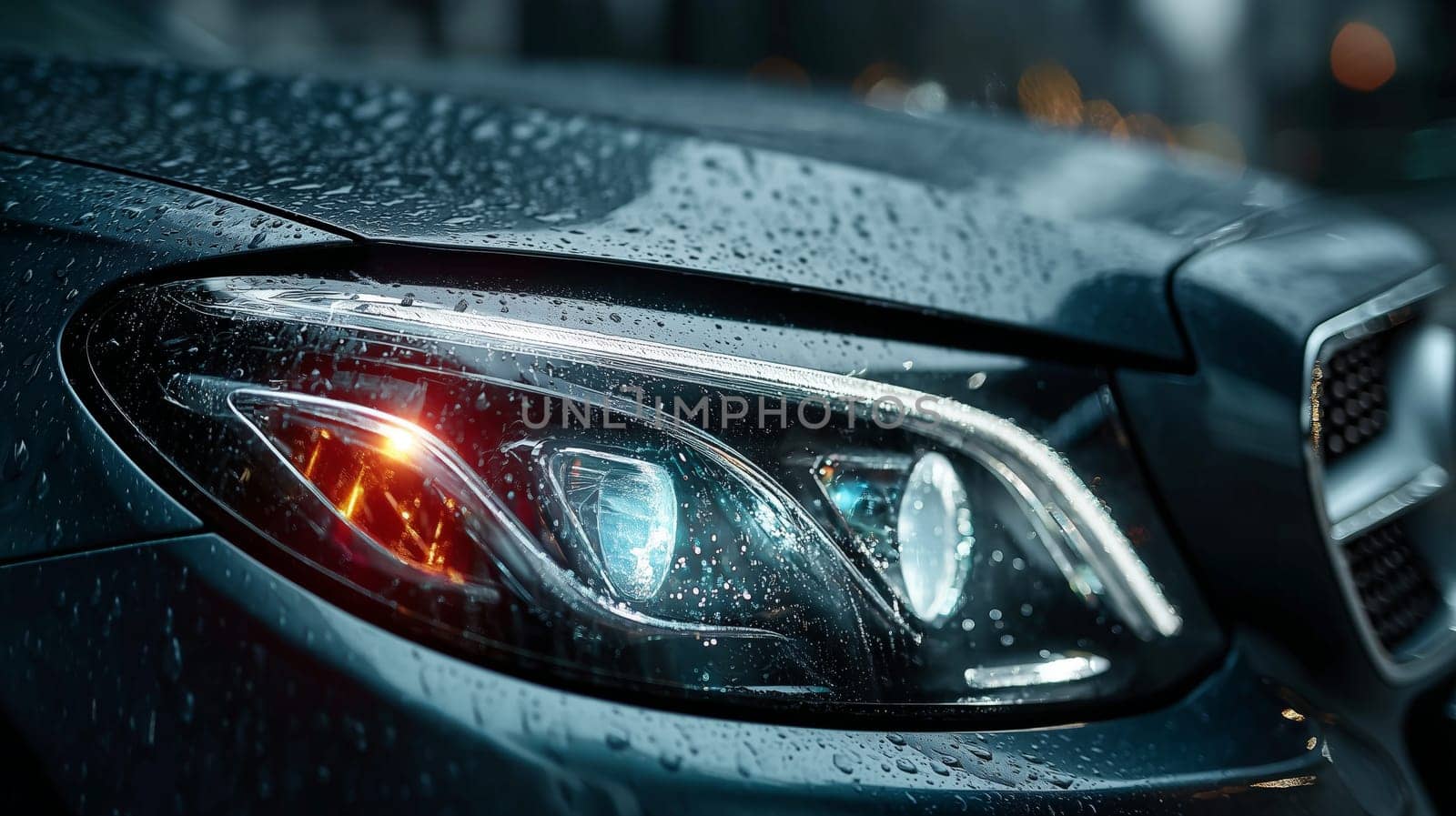 Detailed view of a sleek car headlight with LED and turn signal illuminated, covered in rain droplets on a wet city street in low-light conditions.