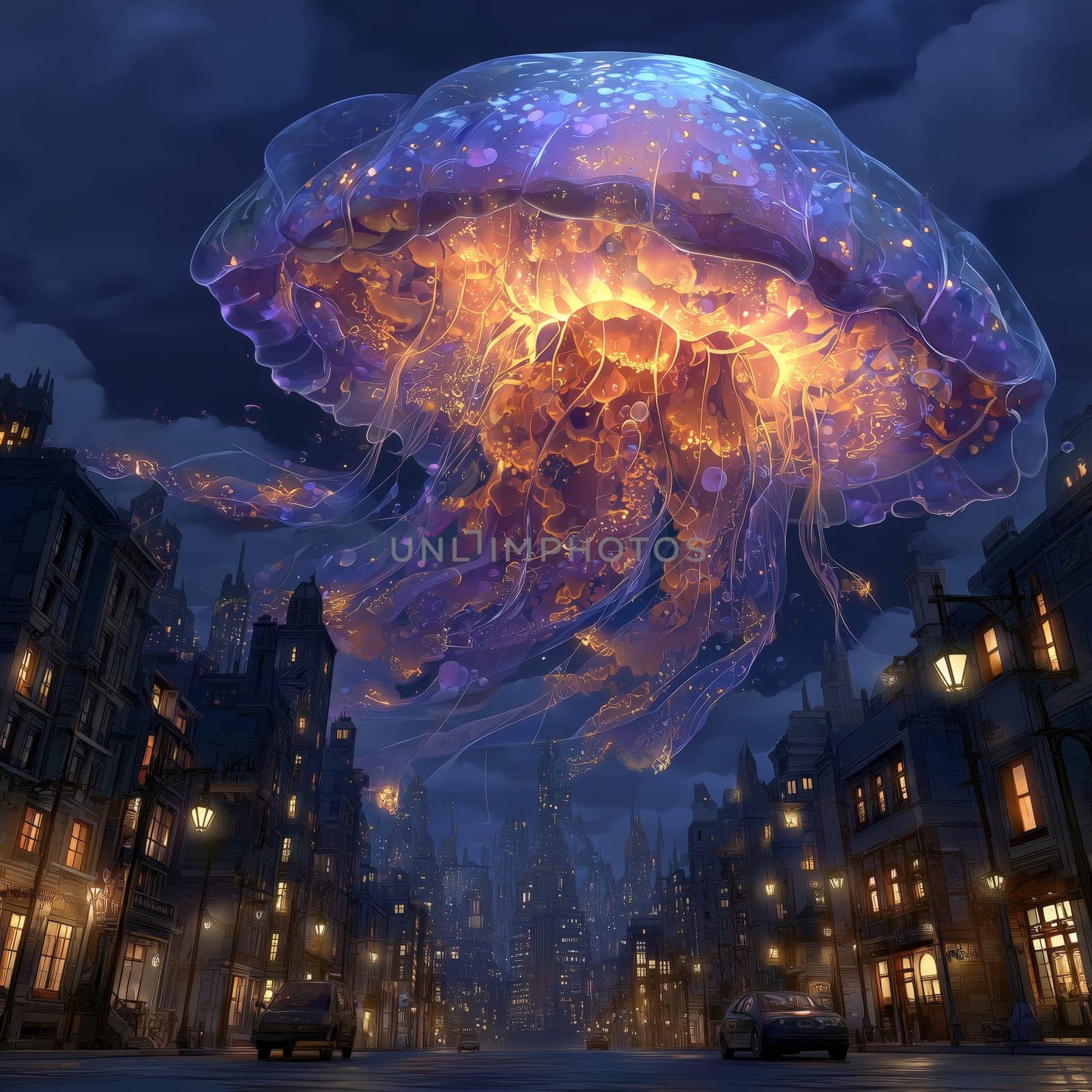 A giant bioluminescent jellyfish drifts through a dark, surreal cityscape, illuminating the buildings below with vibrant blue and orange light.