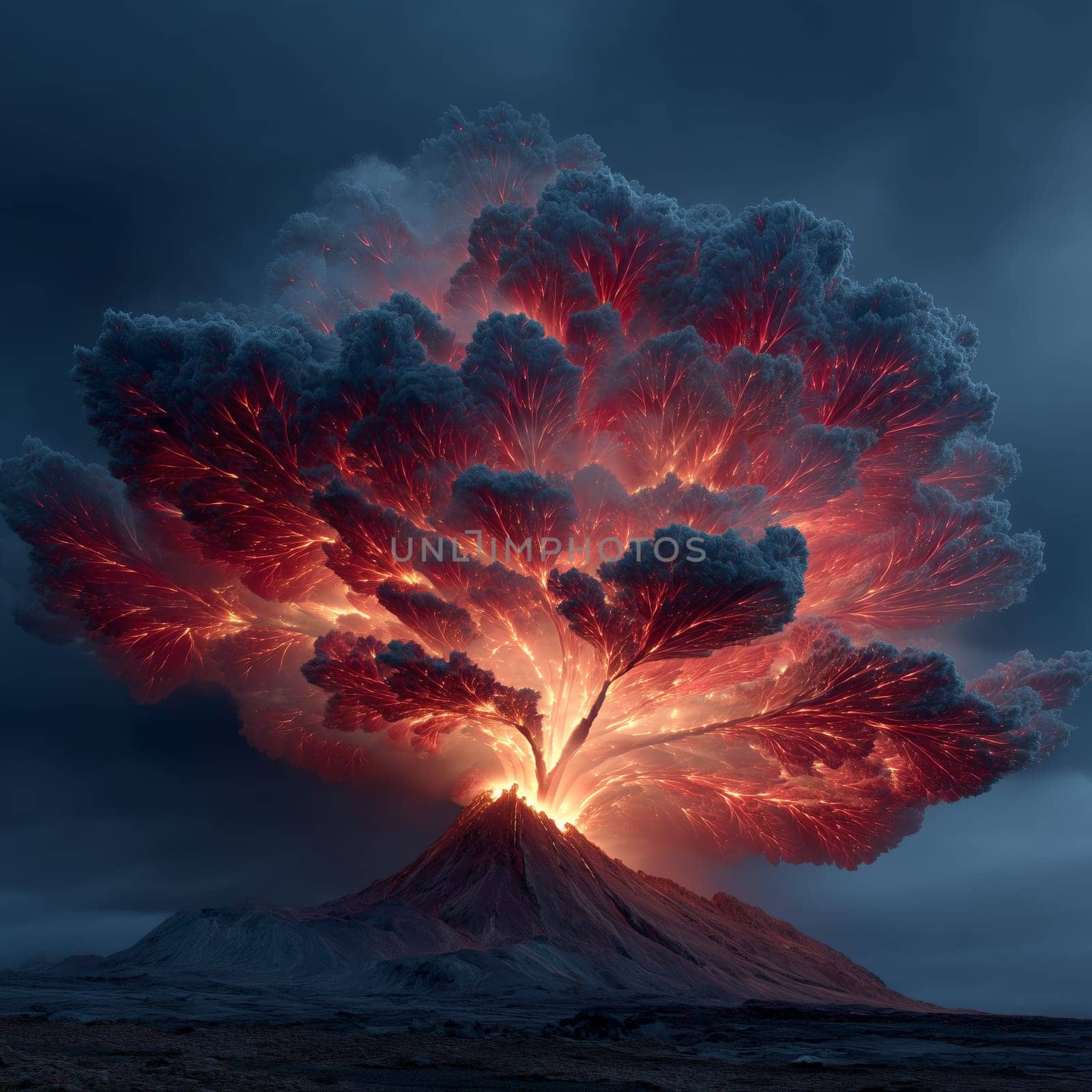 Intense volcanic explosion forms a surreal, tree-like fractal fire cloud with glowing lava streams rising into a stormy sky over a barren mountain landscape.