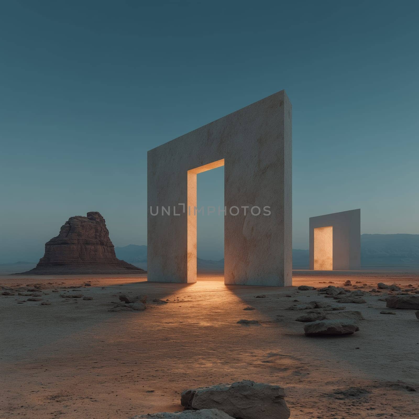 Minimalist glowing stone archways stand in an arid desert landscape at dusk, casting warm light on the sandy ground with a distant rock formation in view.