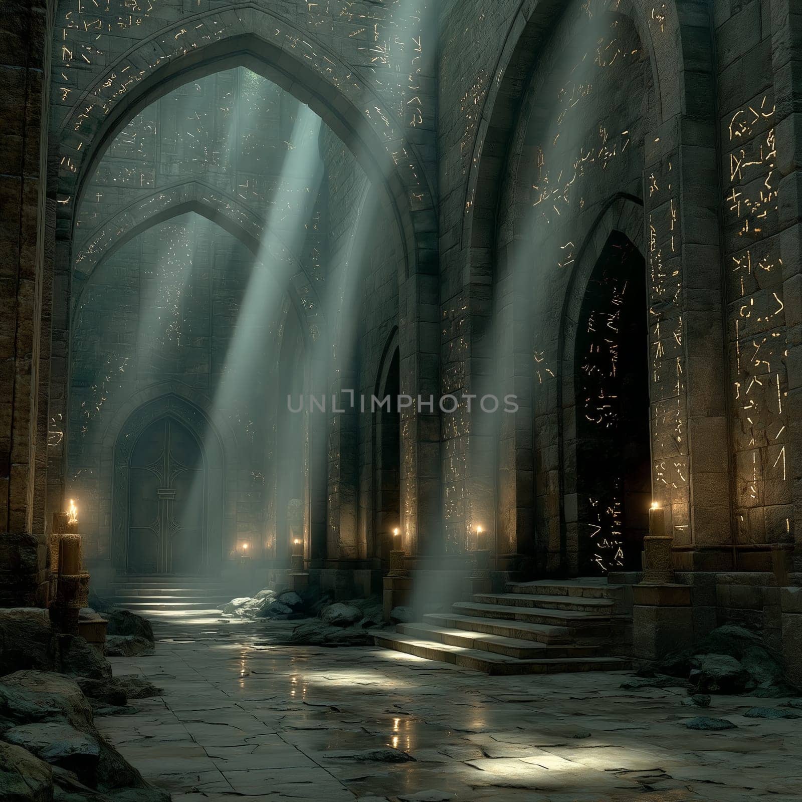 Mysterious ancient stone hallway with glowing runes on the walls, sunlight streaming through arched windows, and shadows across the floor.