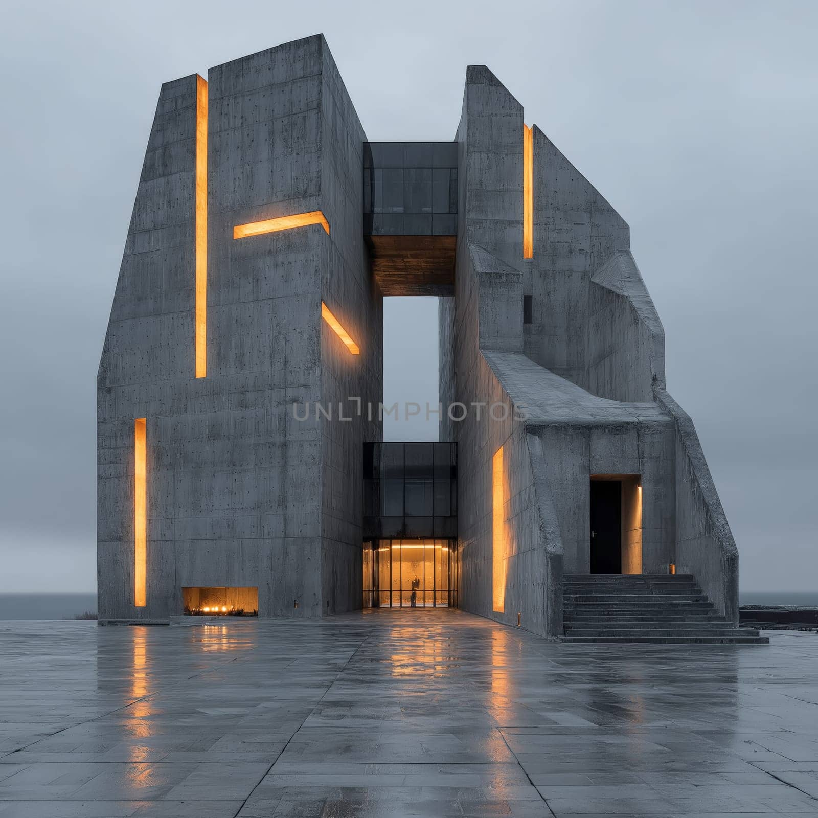 Minimalist brutalist-style concrete structure with glowing orange lights, photographed on a wet reflective surface during overcast weather. No people visible.