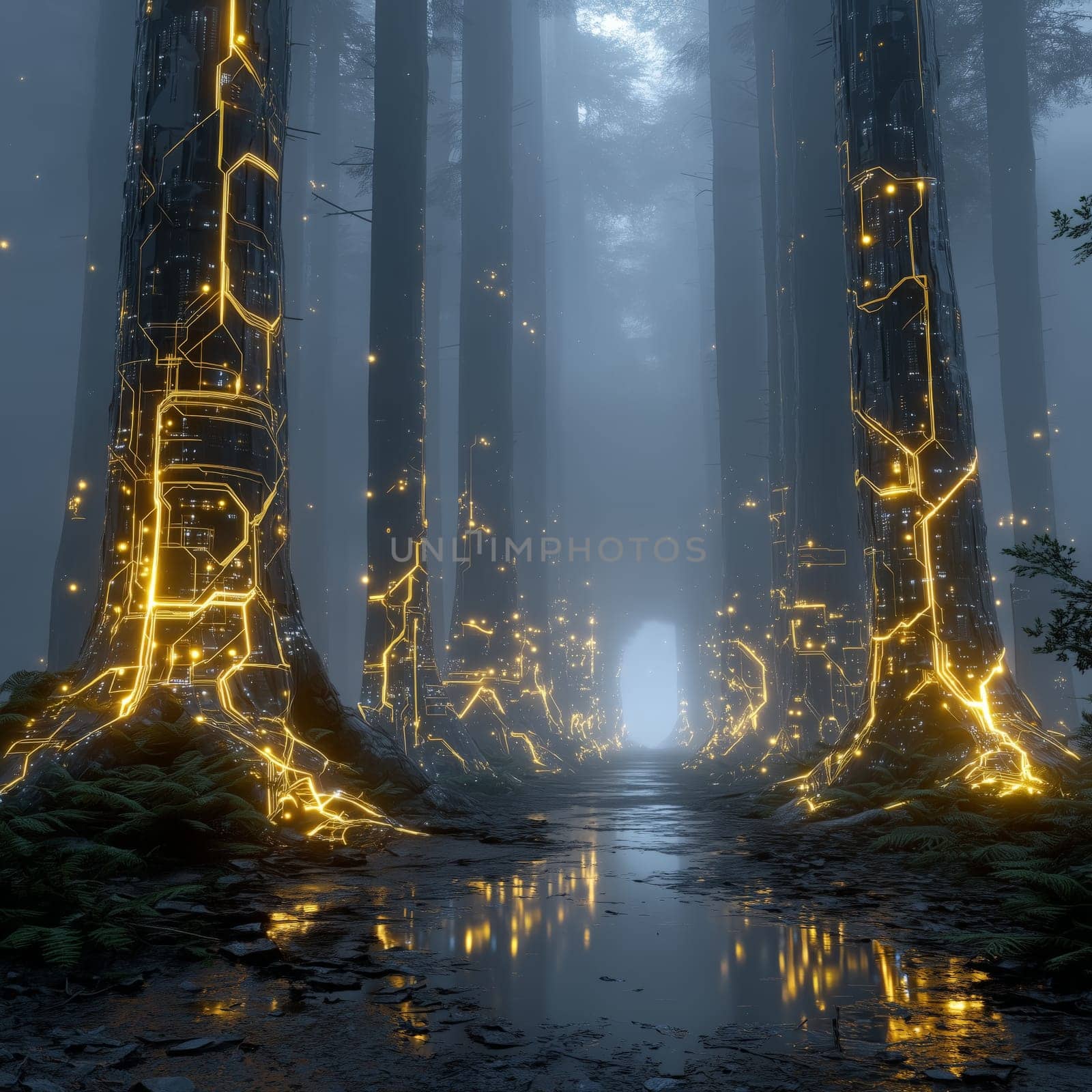 Tall trees in a misty forest emit golden circuit-like light patterns along their trunks, creating a surreal sci-fi environment with glowing reflections.